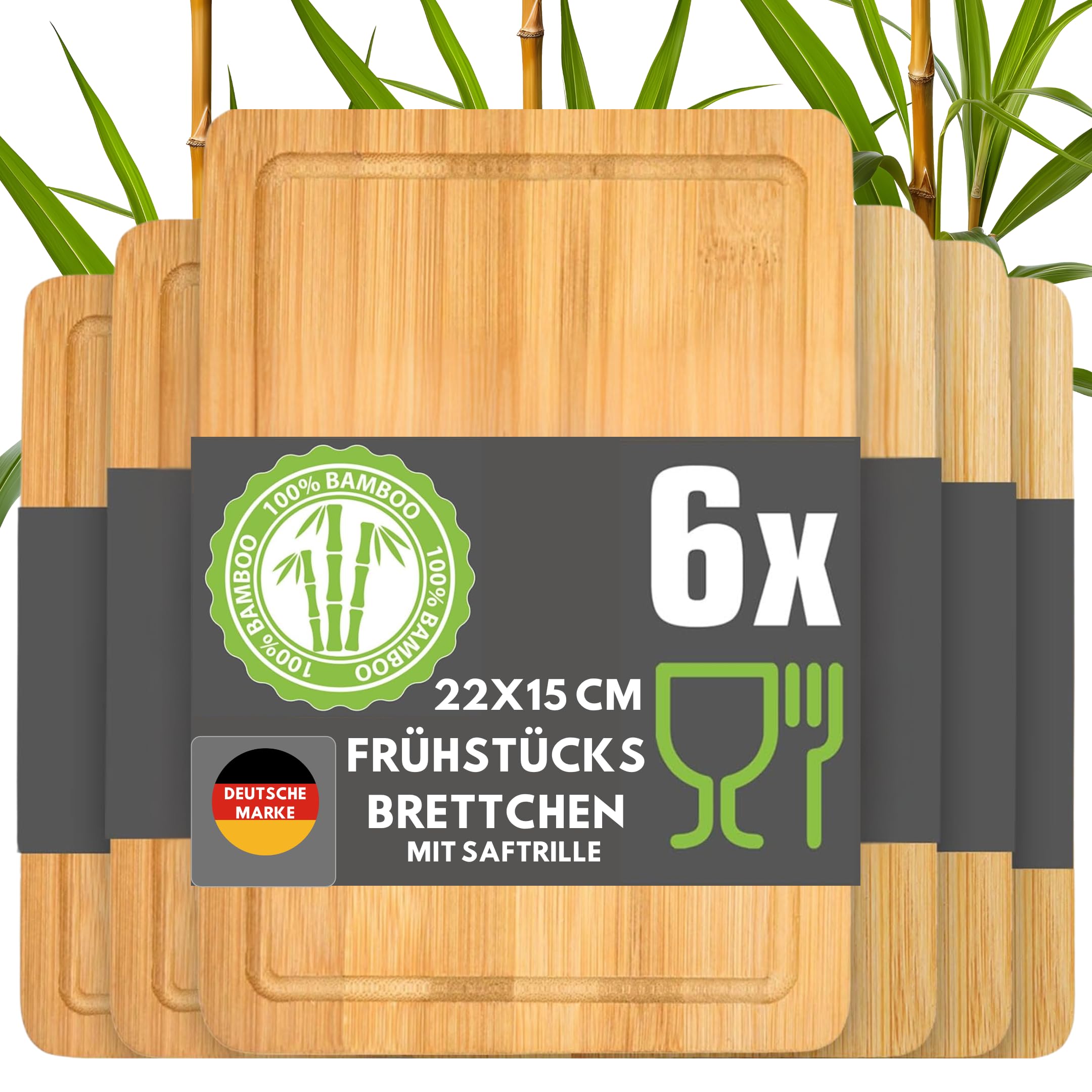 DuneDesign Set of 6 Bamboo Breakfast Boards 22x15 cm - Small Wooden Chopping Boards for Kitchen use, Ideal for Bread Cheese and Snacks, Compact Serving Boards for Breakfast Table Everyday Food prep