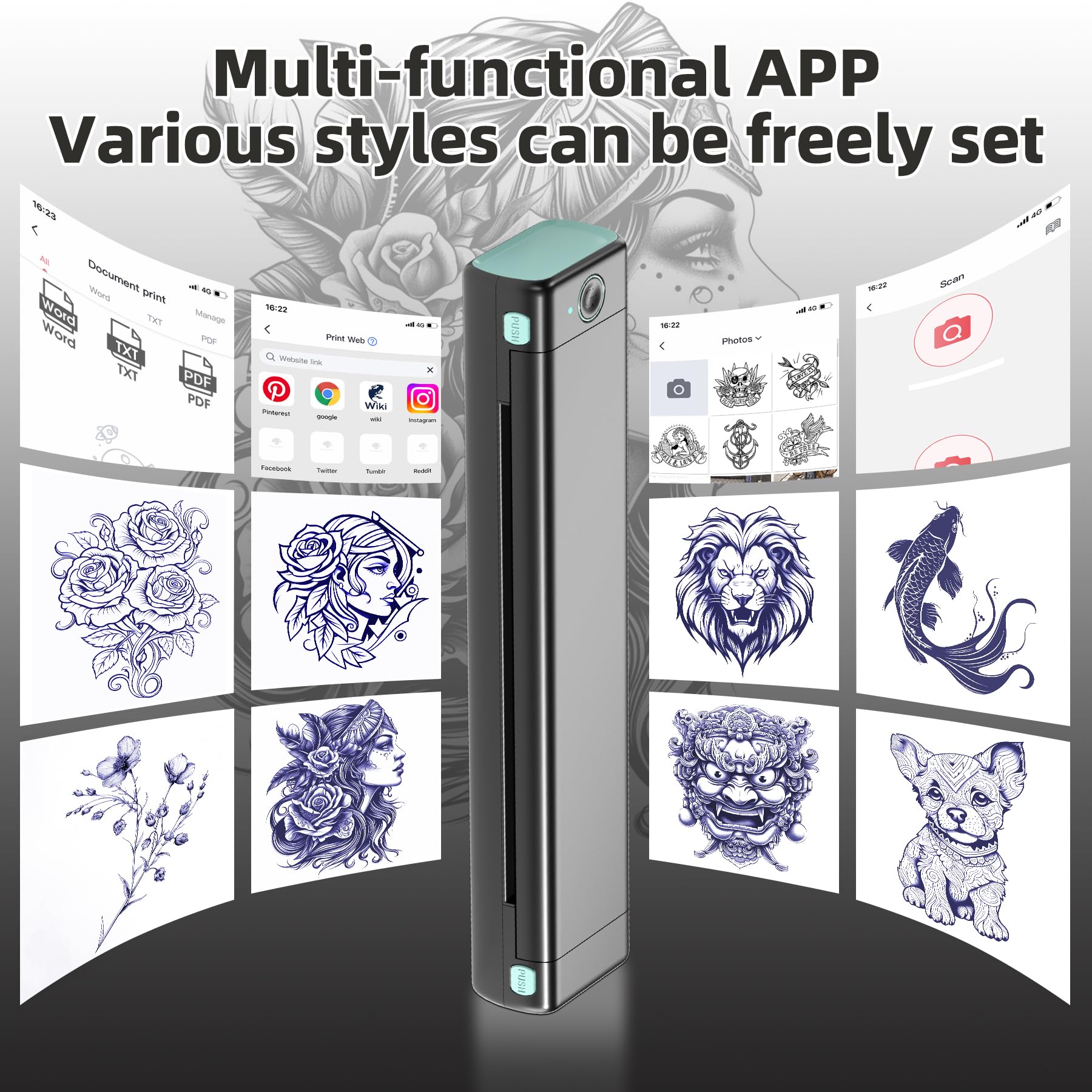 M08F Tattoo Drucker, Stencil Drucker Tattoo Transfer, mit 10 Blatt Tattoo Transfer Papier für Tattoo Künstler, Thermodrucker Tattoo Bluetooth Kompatibel mit Telefon, Tablet und Laptop