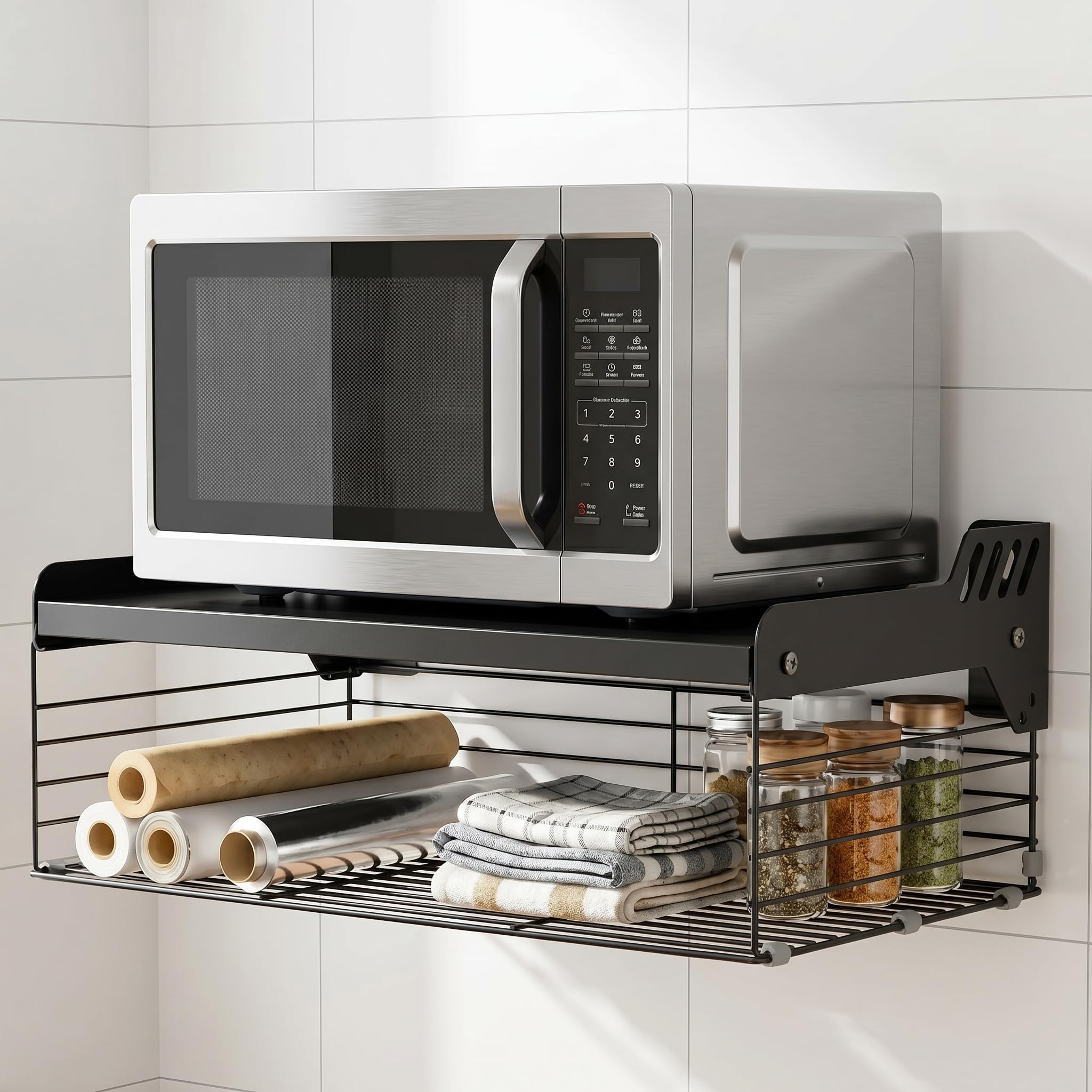 QWORK® Soporte microondas pared, 2 niveles estanteria microondas metal de, 55x35x11 cm soporte microondas con cesta de almacenamiento