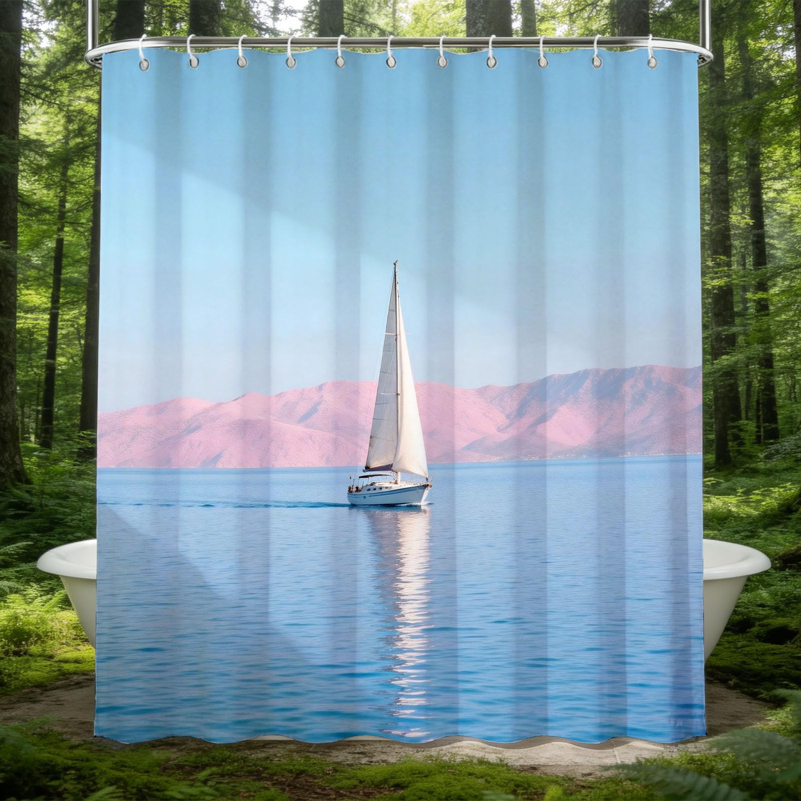 Hongduo 3D Sailboat Shower Curtain for Stalls Bathtubs Vacation Theme Bathroom Decor Shower Curtain Set Polyester Fabric Waterproof 200x200cm/79X79 Inch with Hooks