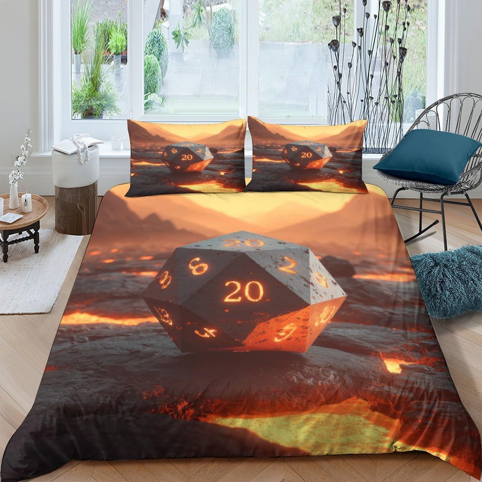 GPLZQXKJNH 3D Printed Lava Dice Duvet Cover Set Microfiber Soft Breathable Volcano Fantasy Bedding Set with 2 Pillowcases for Bedroom Decor, Single（135x200cm）