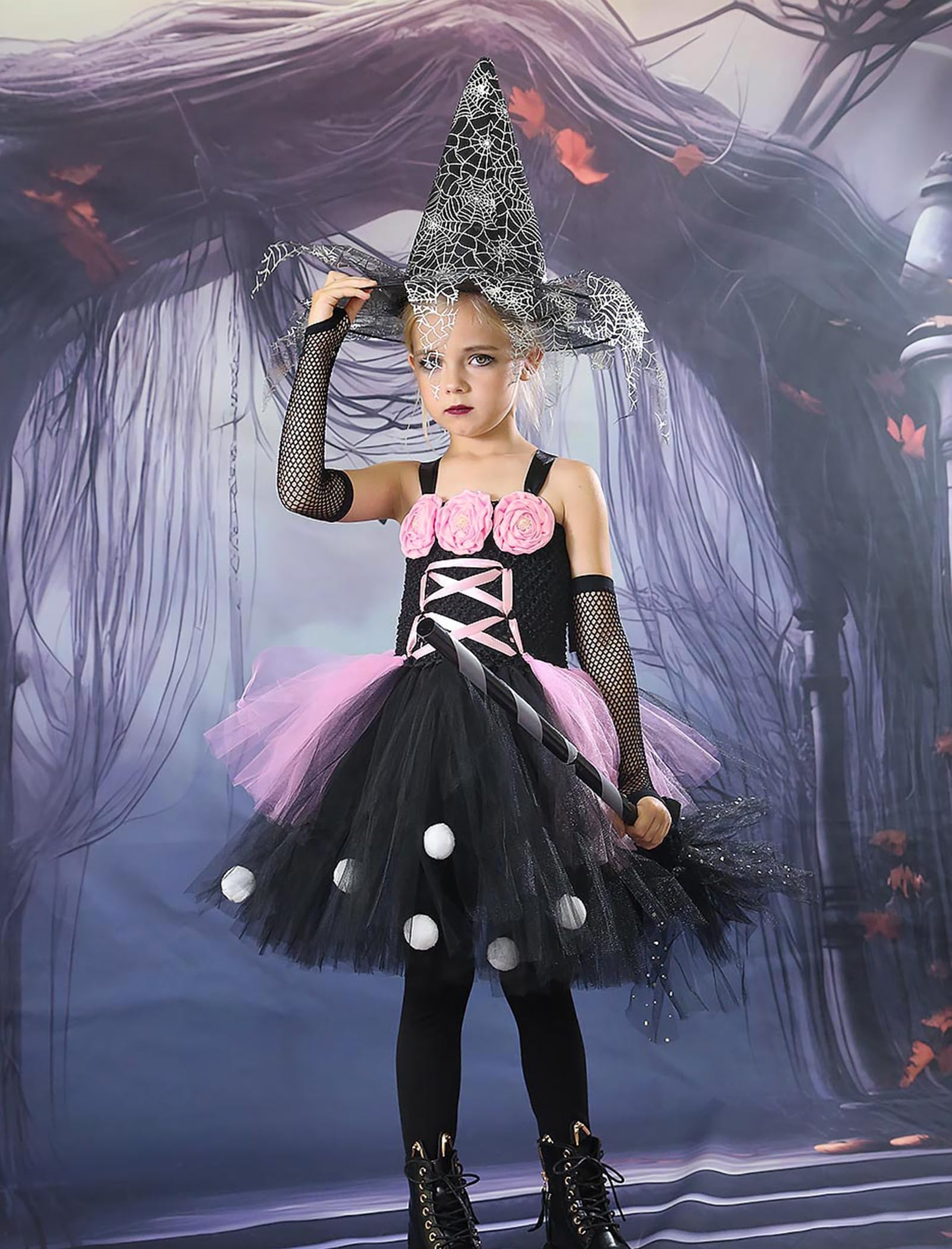 IDOPIP - Disfraz de bruja para niña, disfraz de Halloween para niña, vestido negro y rosa, tul con sombrero de 2 piezas, vestido de princesa para carnaval, cosplay, fiesta