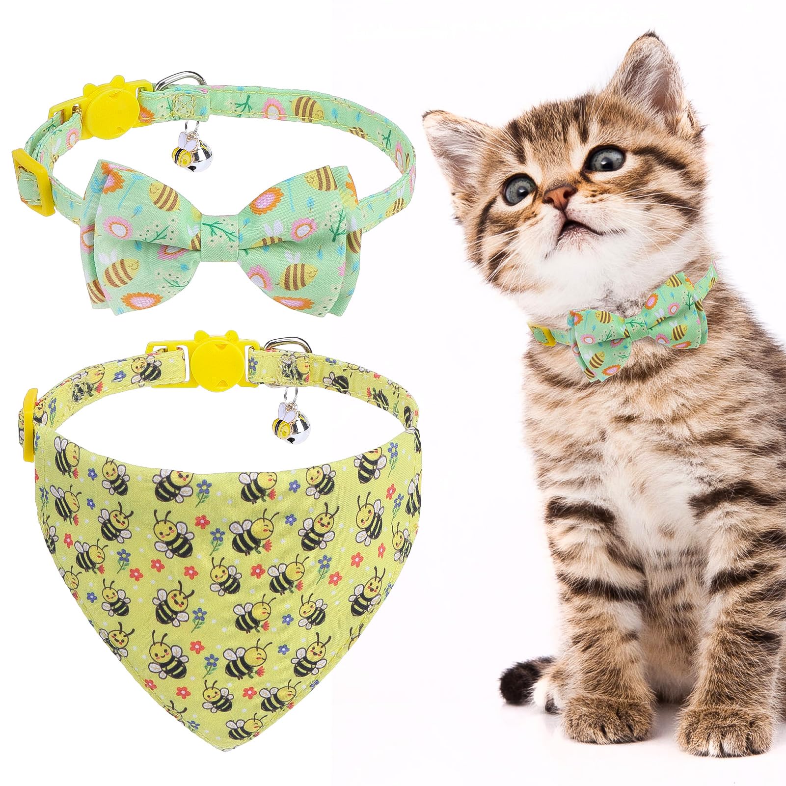 EXPAWLORER Spring Cat Collar Breakaway with Bells - 2 Pack Cute Flower Pet Collar with Removable Bow Tie and Bandana, Adjustable Safety Buckle with