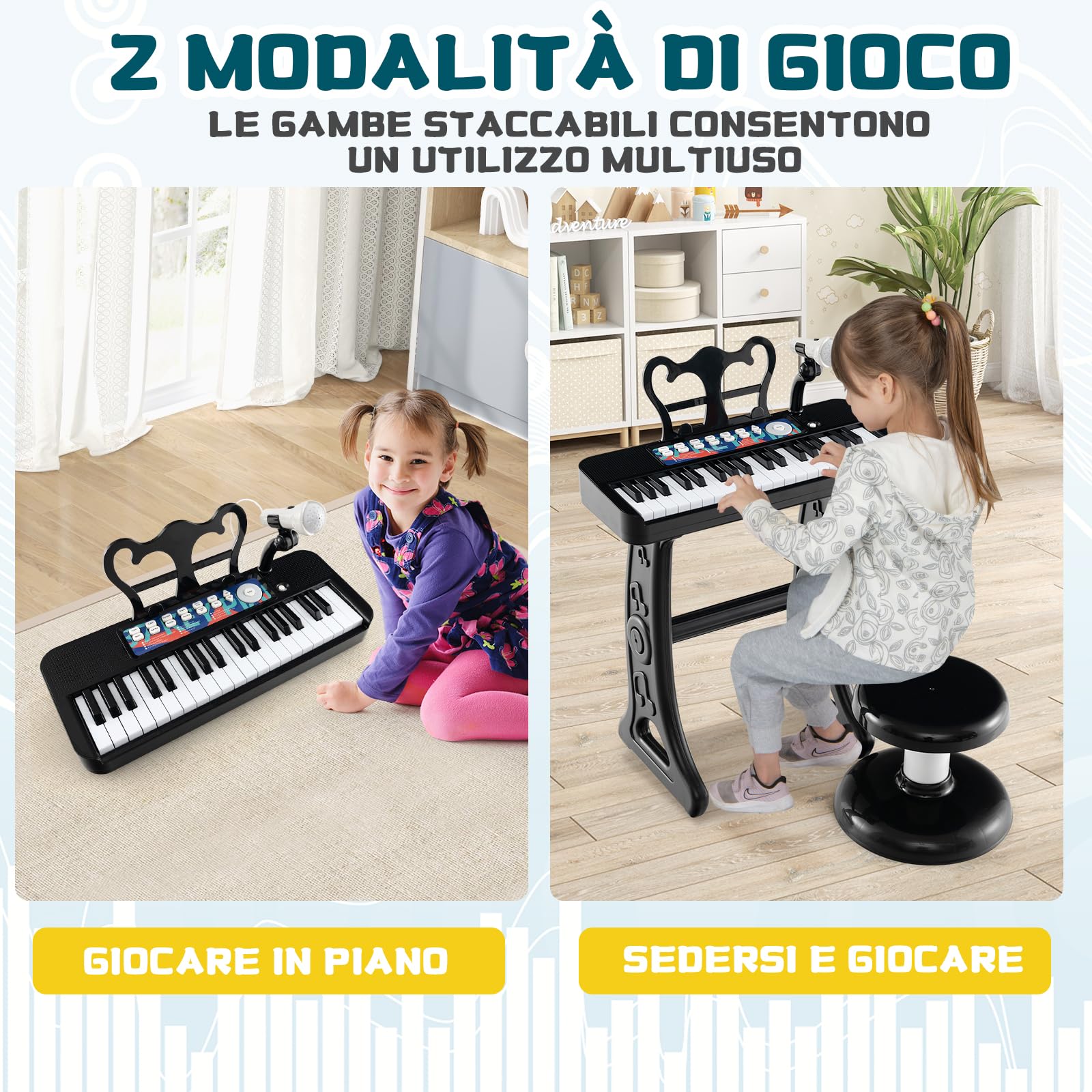 RELAX4LIFE Pianoforte per Bambini con 37 Tasti, Tastiera Musicale con Microfono, Leggio e Sgabello, Funzioni di Record e Playback, Regalo di Natale/Compleanno (Nero)
