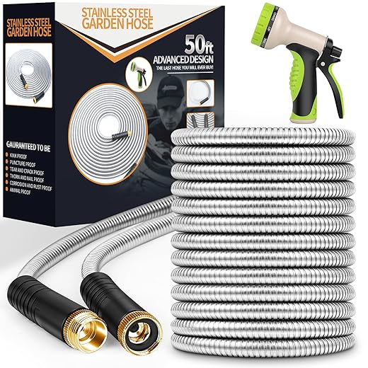 Garden Hose 50 ft, Stainless Steel Water Hose with 10 Function Nozzle Flexible, Heavy Duty, Lightweight, No-Kink, Pet Proof, Puncture Proof Hose Metal for Yard, Outdoor