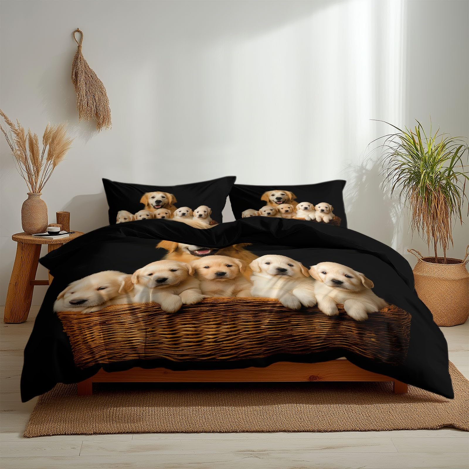 Poszwa na kołdrę Łóżko 105 Zwierząt Rodzina Golden Retriever 200 x 200 cm Miękki zestaw pościeli, czarny zestaw poszewek z mikrofibry Edredon i 2 poszewki na poduszki, łatwa pielęgnacja