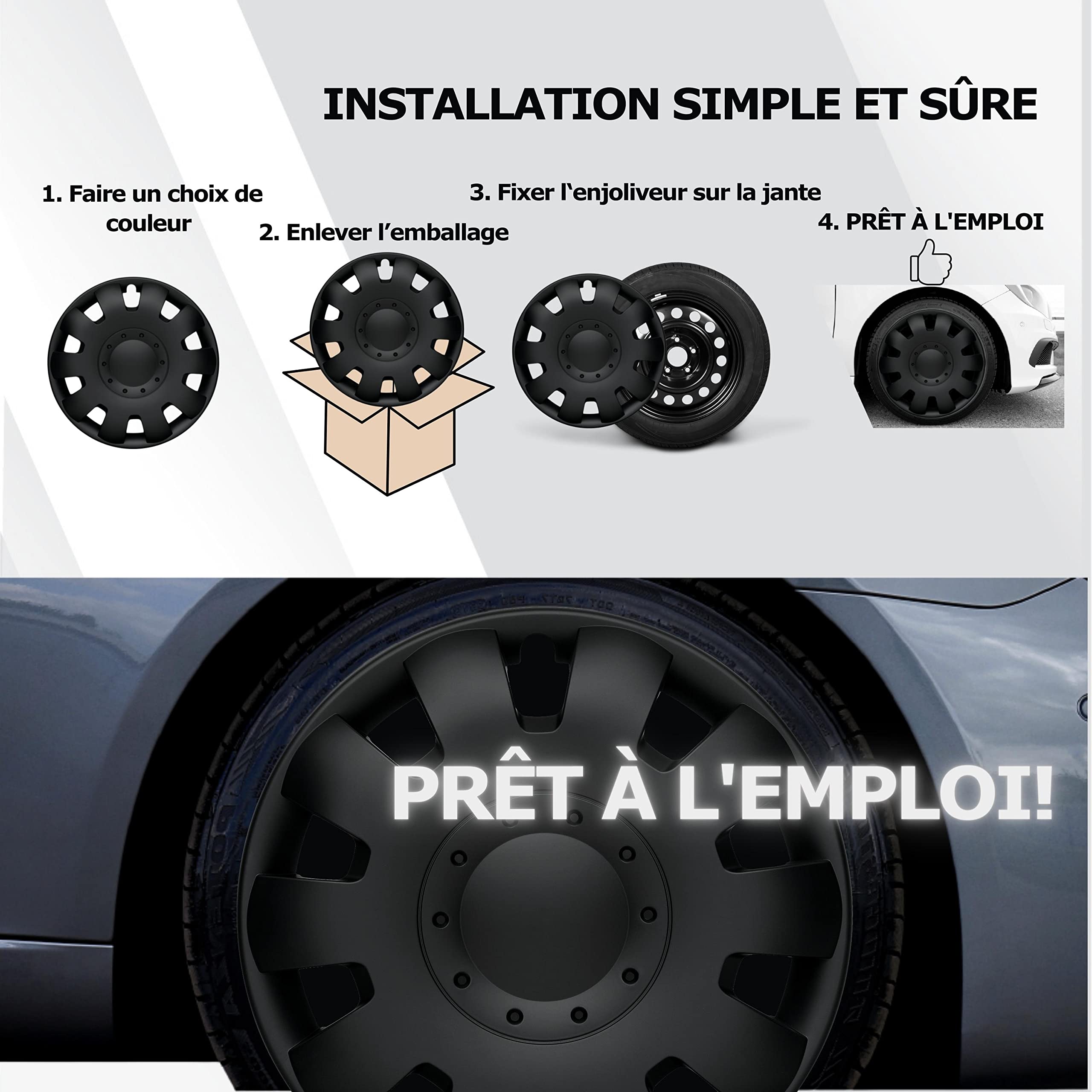 Enjoliveurs Noirs Mat 16 Pouces - Lot de 4 enjoliveurs de 13 à 16 Pouces - Neptun pour la Plupart des Marques de Voitures et Jantes en Acier - Enjoliveurs Noirs ou argentés