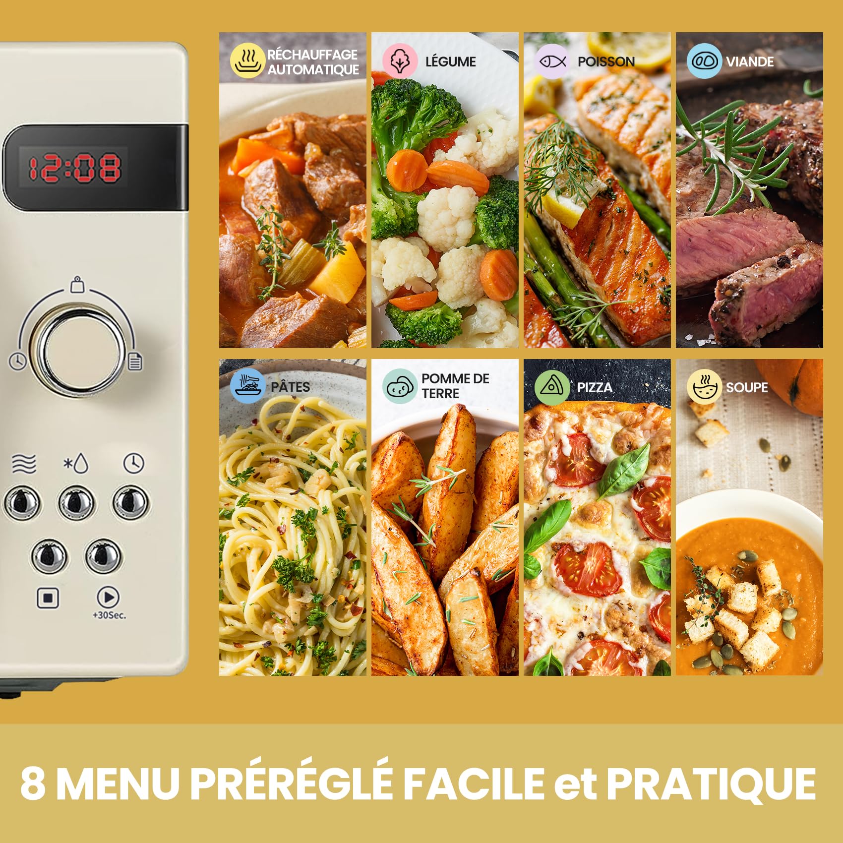 Comfee CMSRO 20 di cr kuchenka mikrofalowa w stylu retro/kuchenka mikrofalowa retro z 8 automatycznymi menu, 5 poziomów mocy gotowania, przycisk ekspresowy, przycisk gotowania, 20 l, 800 W, Apricot