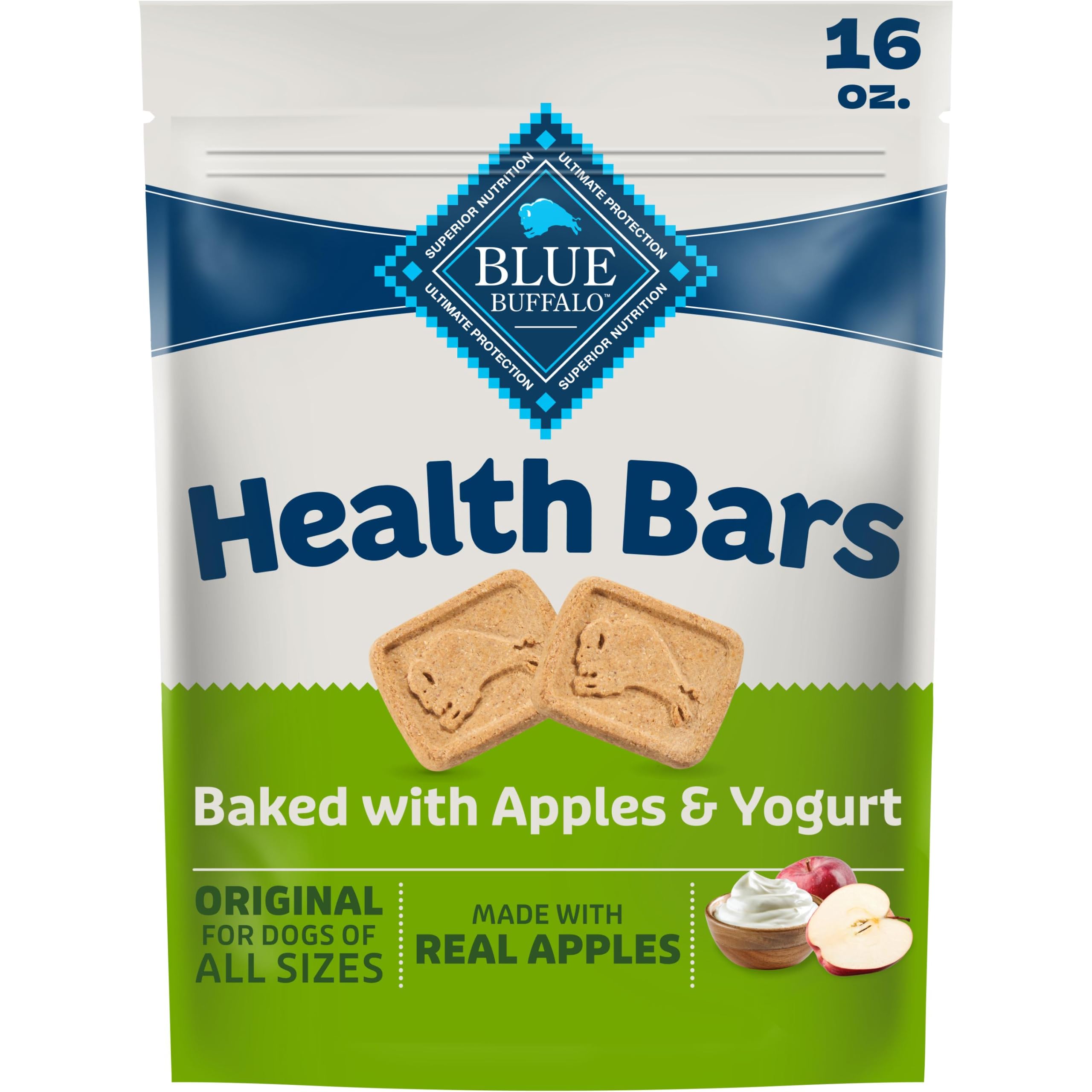 Blue Buffalo Health Bars Apples &amp; Yogurt Crunchy Dog Biscuits, Oven-Baked with Real Apples &amp; Natural Ingredients, Healthy Dog Treats with No Artificial Flavors or Preservatives, 16 oz.
