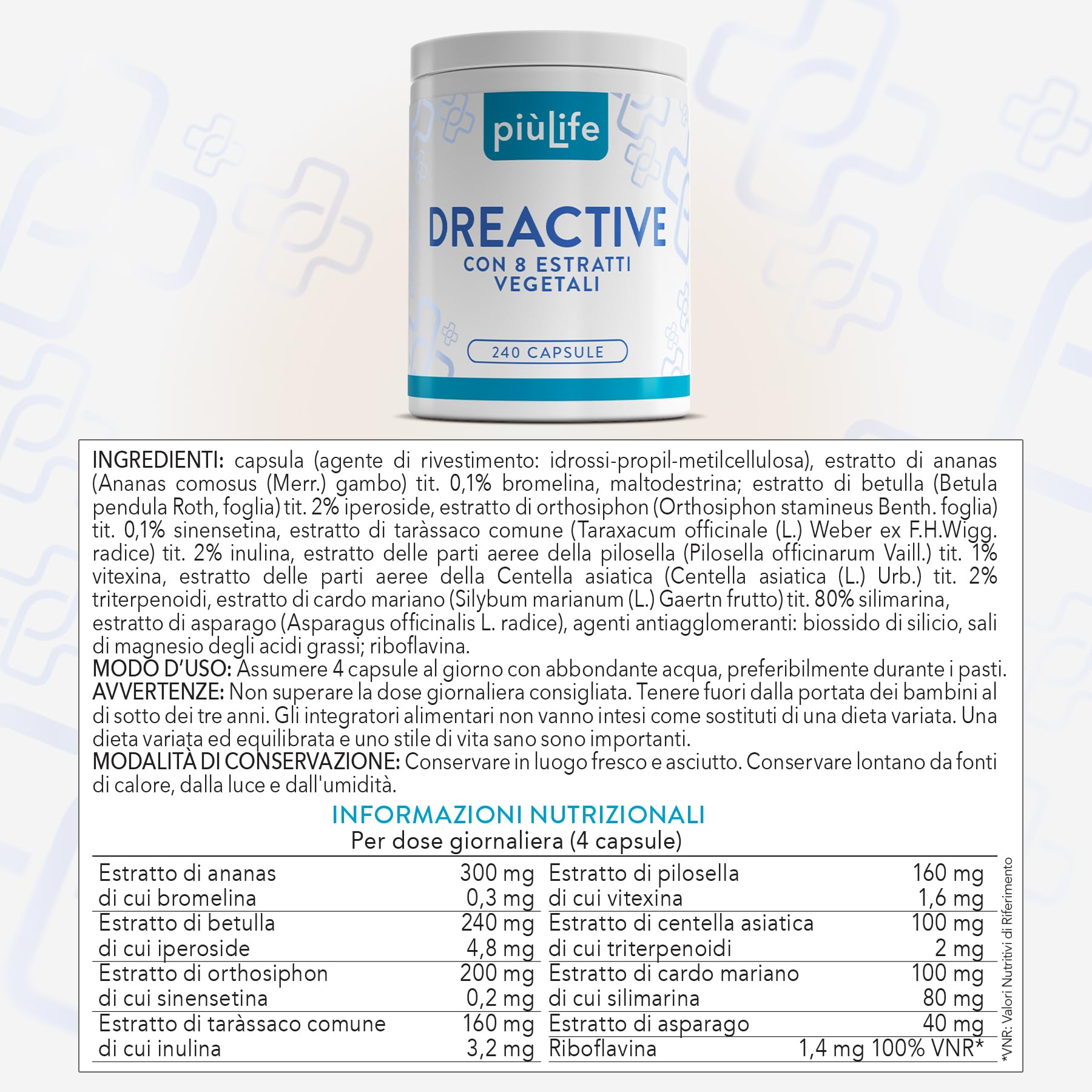 Drenante Diuretico Naturale 240 Capsule PiùLife, 8 Estratti Vegetali, Ananas Bromelina E Centella Asiatica, Betulla, Orthosiphon, Tarassaco, Pilosella, Cardo Mariano Depurativo, Asparago Detox