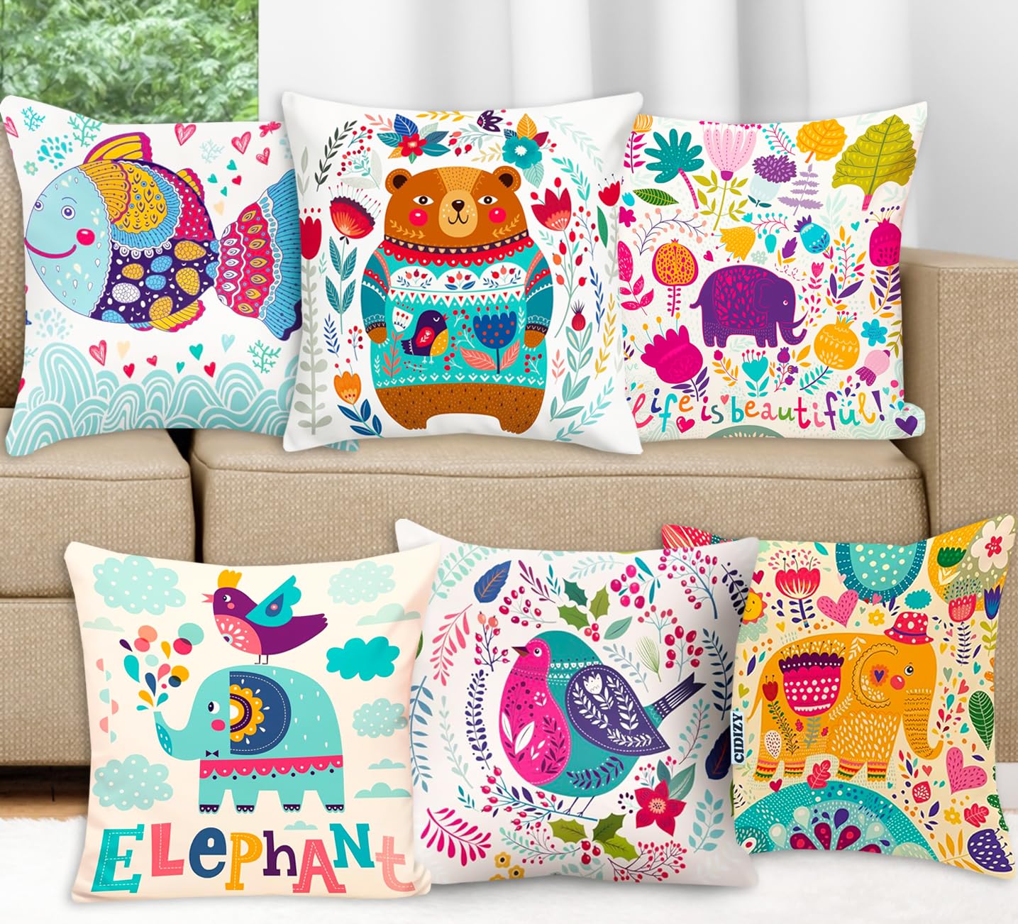 CIDIZY Set of 6 Velvet Cute Animal Cartoon Printed Cushion Covers 16×16 Inch, Multicolour