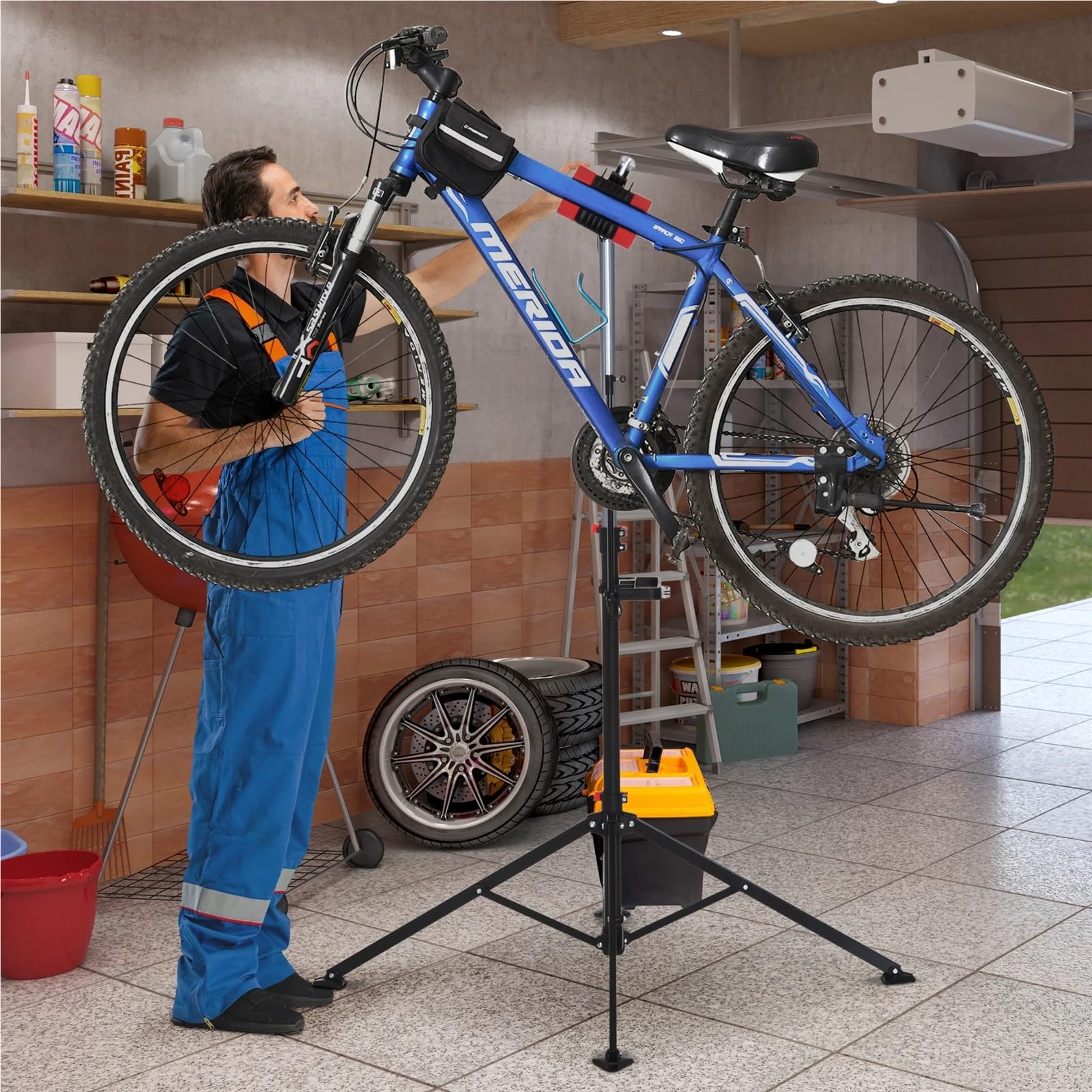 Fahrradwartungsständer Klappbarer Fahrrad-Reparaturständer, Fahrrad-Fahrradständer for die Wartung, Display-Rack mit Werkzeugablage, höhenverstellbar