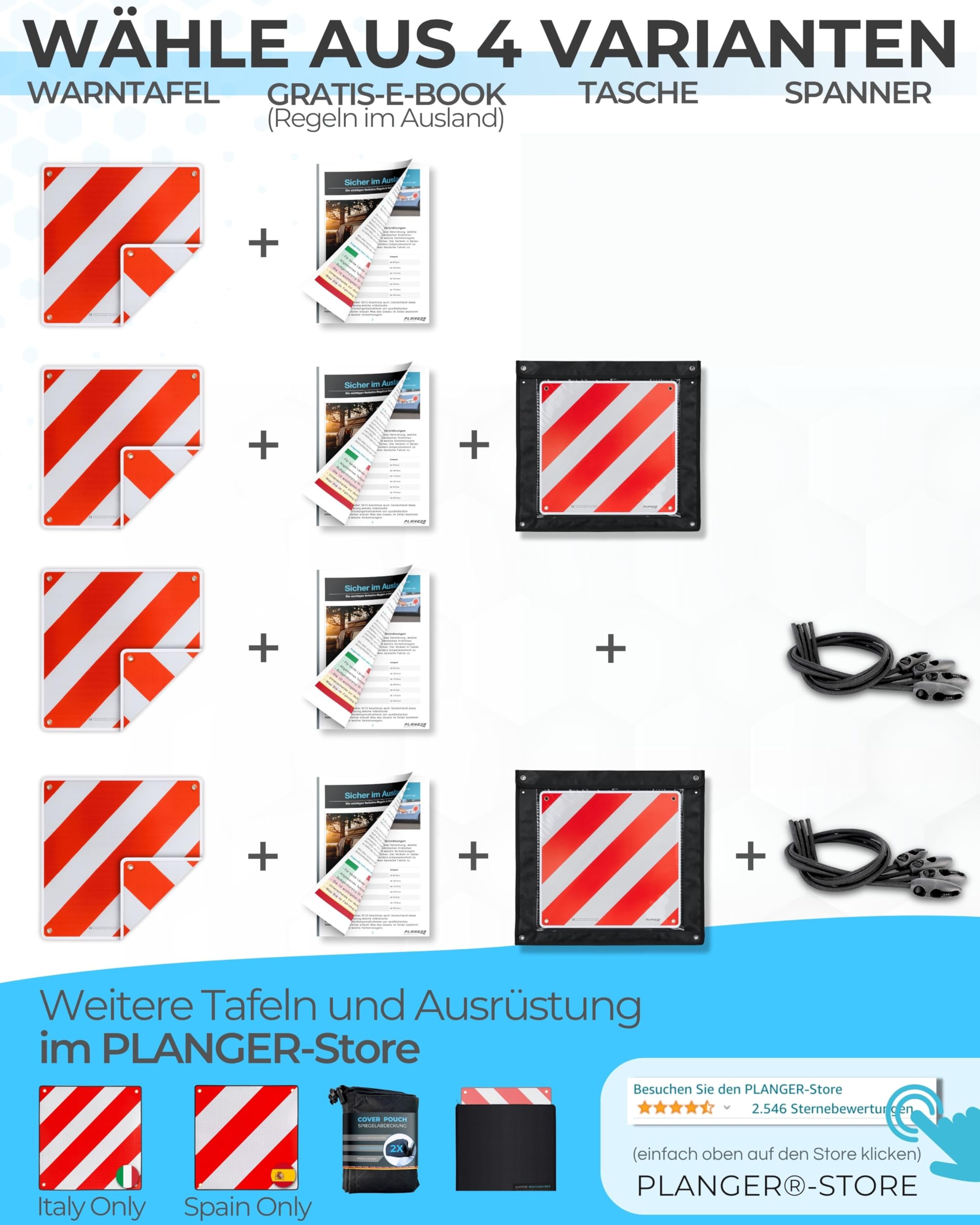 PLANGER® - Znak ostrzegawczy we Włoszech i Hiszpanii 2 w 1 (50 x 50 cm) – odblaskowy znak ostrzegawczy czerwono-biały na bagażniki tylne i bagażniki na rowery