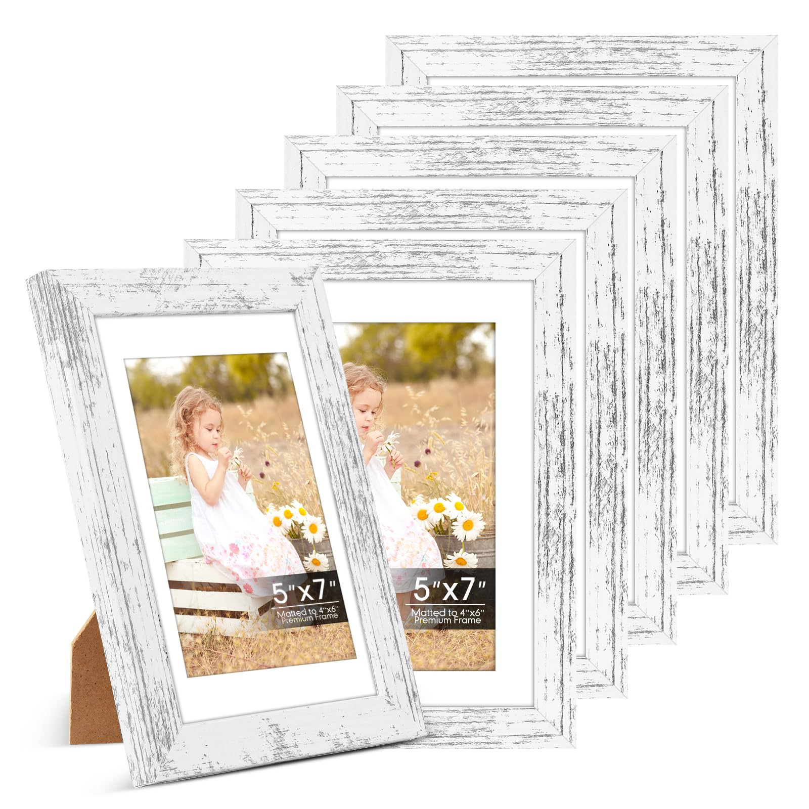 5x7 Picture Frames 6 Pack, Mat for 4x6 Photos, Shatter HD Plexiglass | Removable mat fits two photo sizes, slim frame with stand for horizontal &amp; vertical tabletop &amp; wall mount