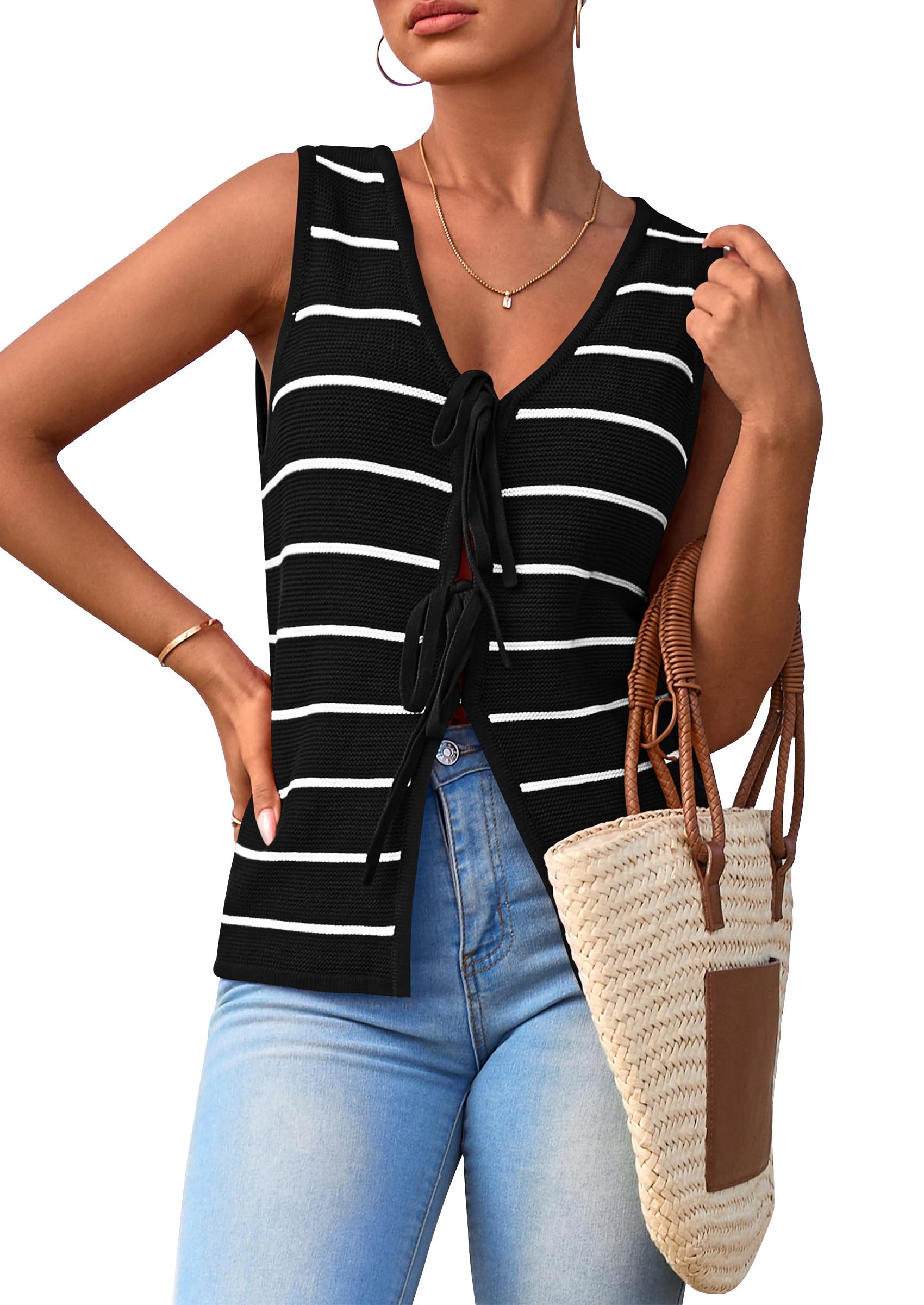 NALANISA Women's Sweater Vest Summer Tie Front Striped Cute Tank Tops Trendy 2026 Crochet Knit Beach Vacation Y2k Clothes
