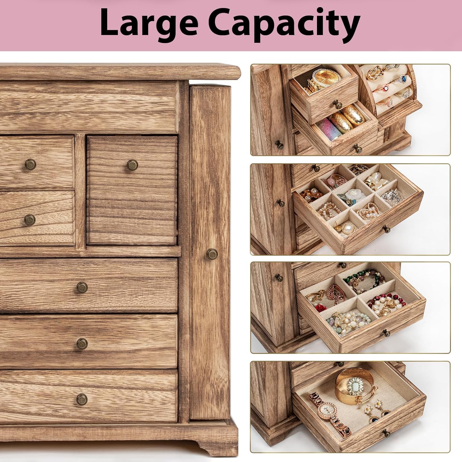 Schmuckkästchen 6 Ebenen, Schmuckaufbewahrung, Rustikales Holz Schmuckkasten 6 Schubladen mit Spiegel, Schmuck Organizer für Ringe, Ohrringe, Halsketten, Armbänder (Rustikal Braun)