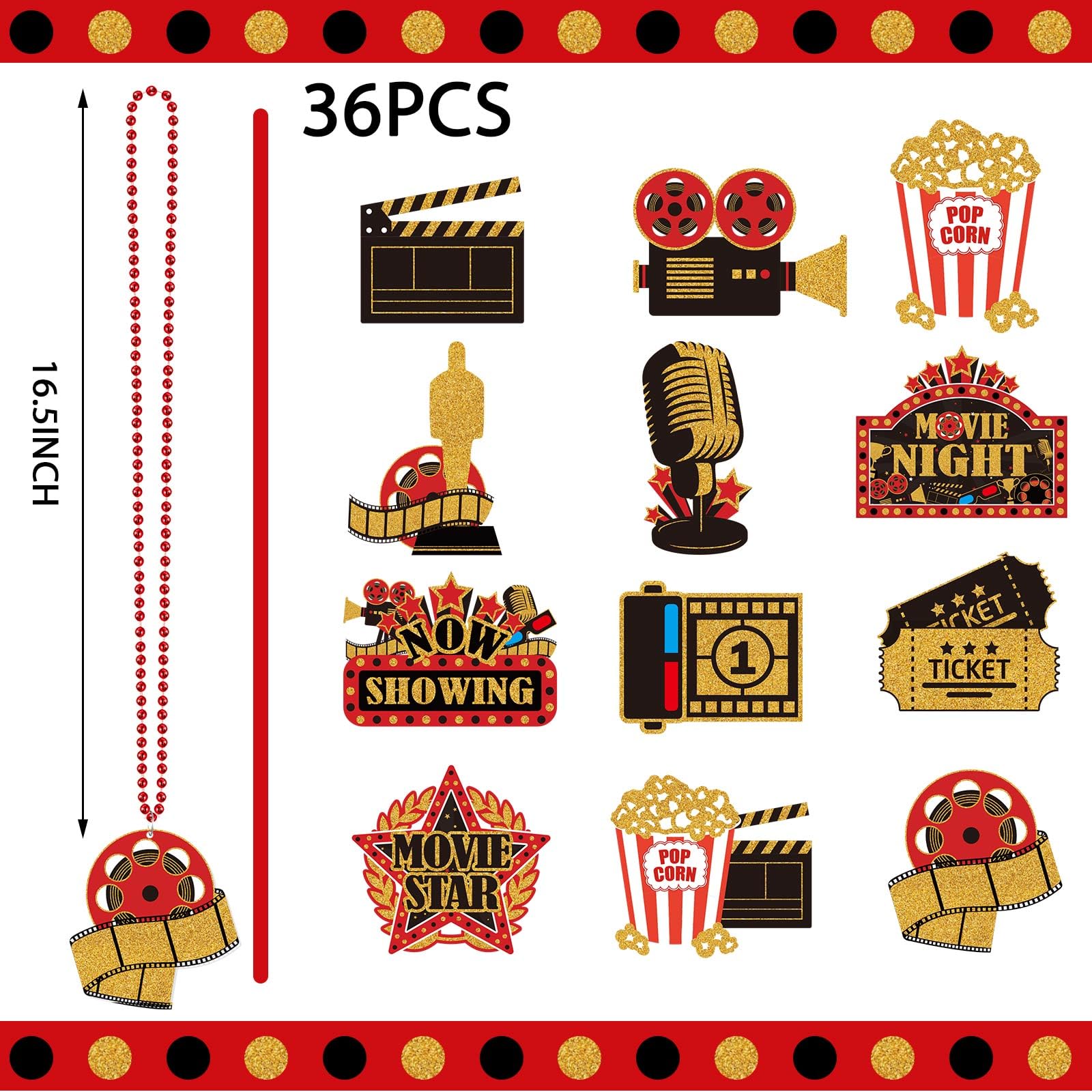 Ecally 36 Pcs Movie Night Beaded Necklaces Bulk Movie Night Theme Party Decorations Theater Party Sign Necklaces with Gold Red Black Color Now Showing Ticket Kit Decor for Birthday Supplies