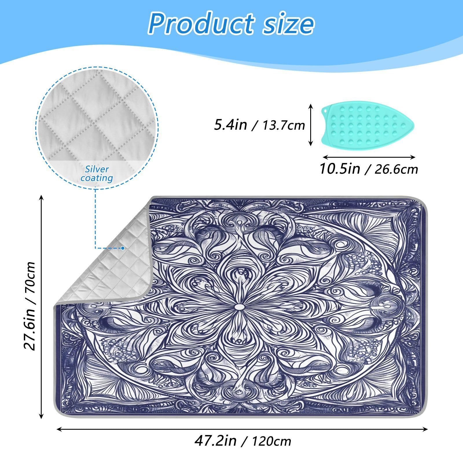 pnyoin Portable Ironing Mat Mandala Retro Blue Travel Ironing Pad with Silicone Iron Rest for Steam Pressing on Tabletop or Bed Heat Resistant Portable Quilting & Travel Blanket