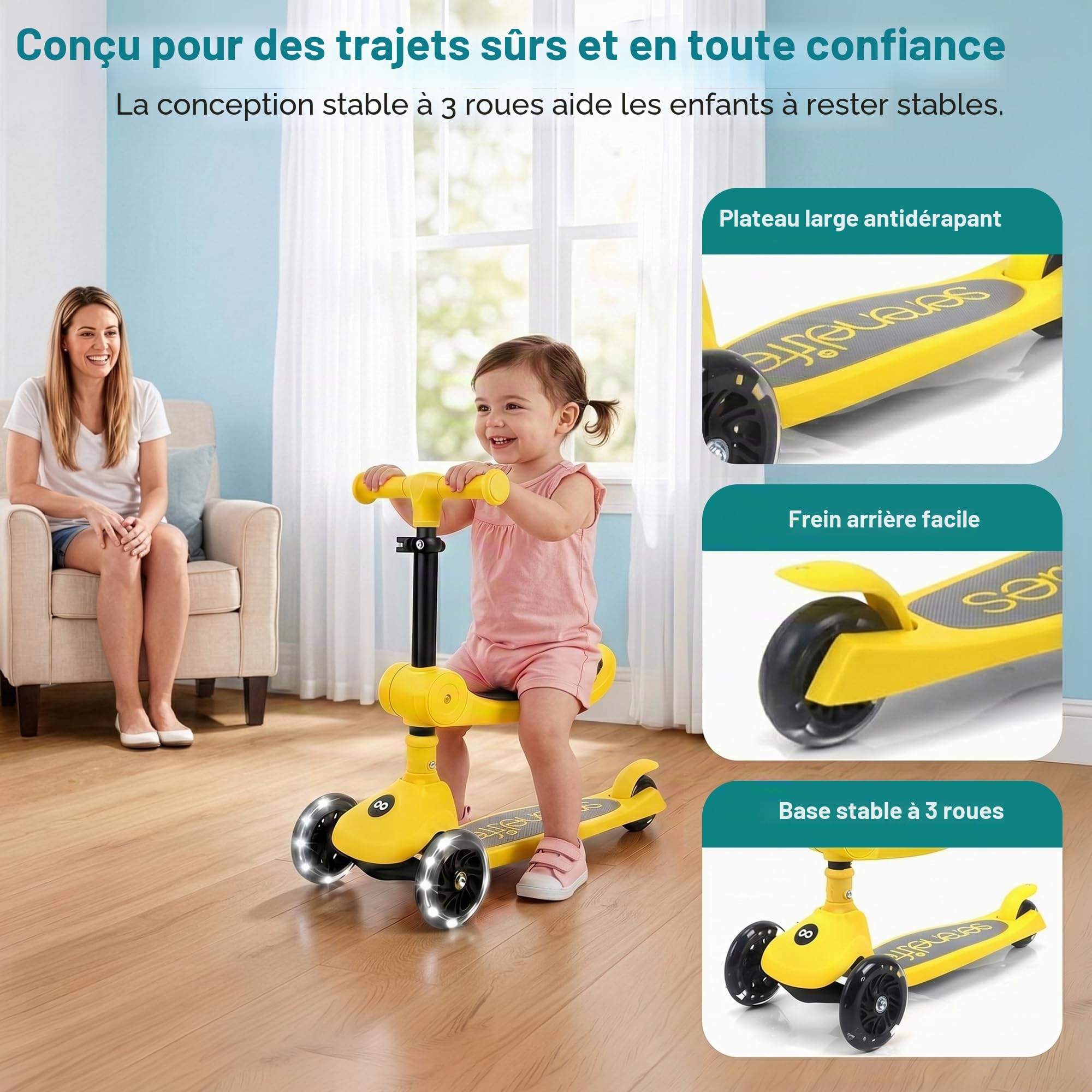 SereneLife Trottinette Enfant 2 en 1 avec Siège – 3 Roues Pliable, Hauteur Réglable, Roues LED
