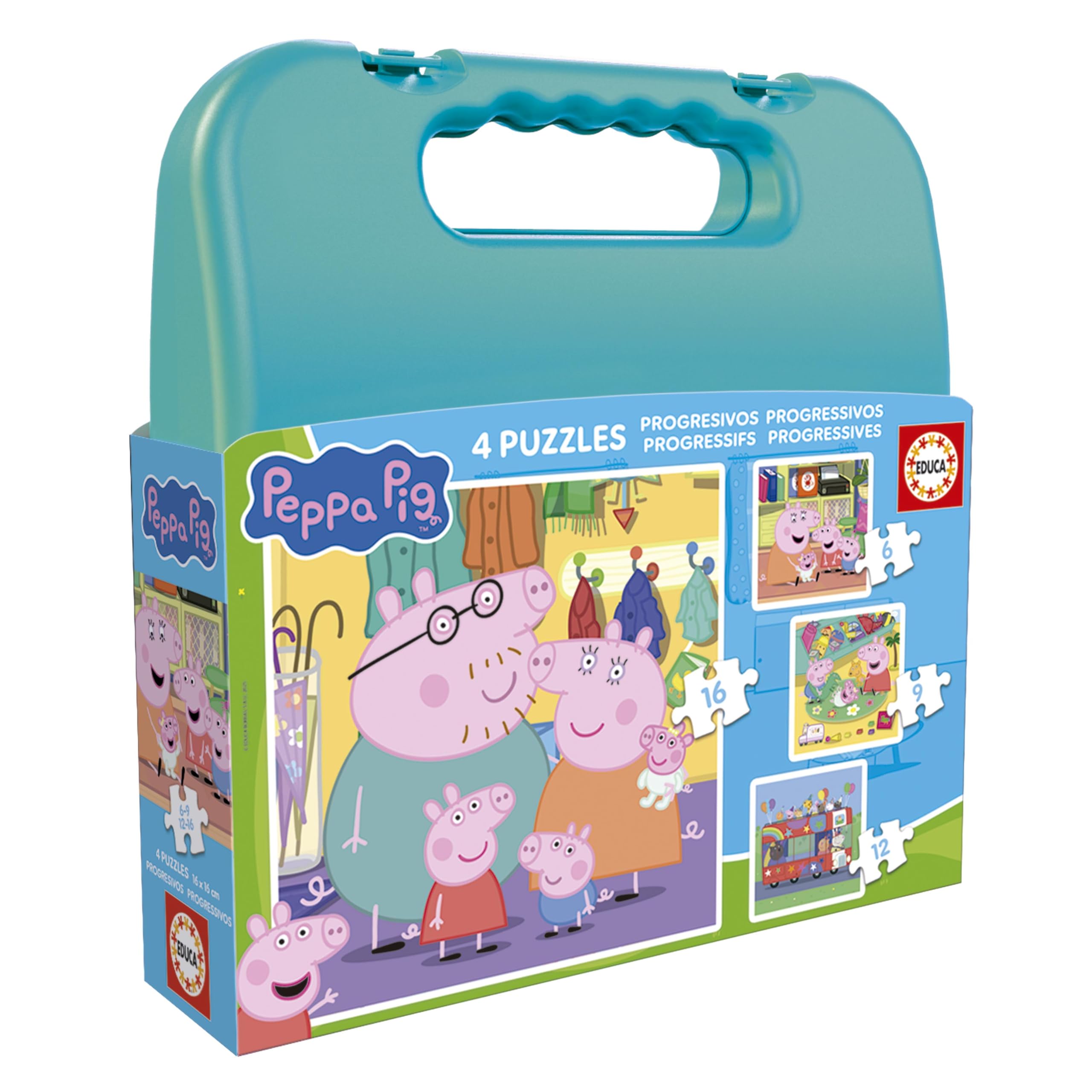Educa - Peppa Pig | Set mit 4 progressiven Kinderpuzzles mit 6 bis 12 Teilen, präsentiert in einem fantastischen Koffer | Ungefähre Maße: 16 x 16 cm. Empfohlen ab 3 Jahren (20328)