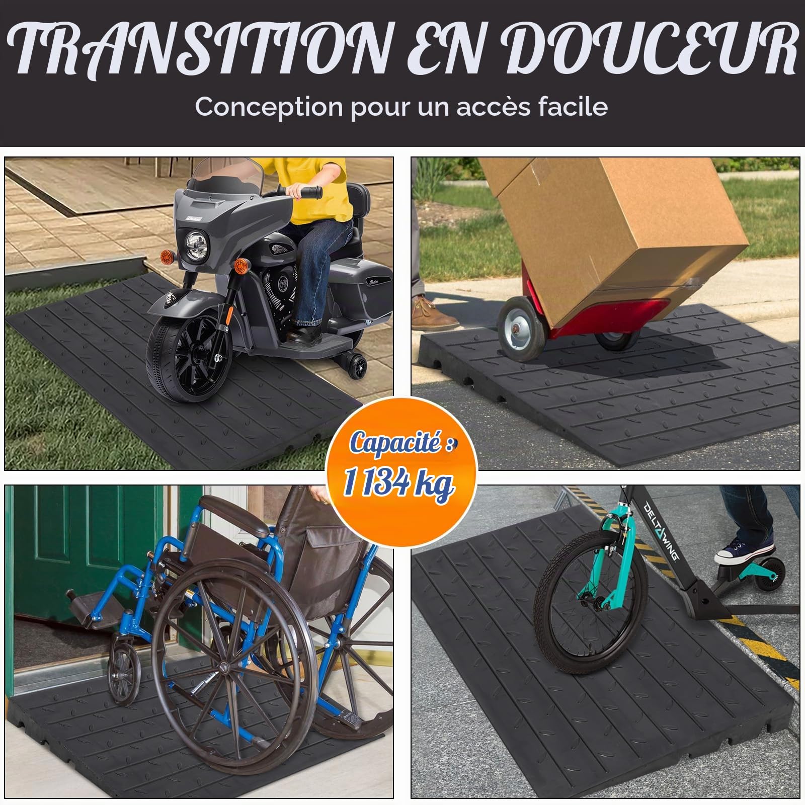 Garvee Rampe de Seuil Hauteur 6-10 cm, Rampe Découpable en Caoutchouc Charge11 t, Antidérapante, Accès Fauteuil Roulant, Cache-câble à 3 Canaux pour Fauteuil Roulant, Poussette, Scooter