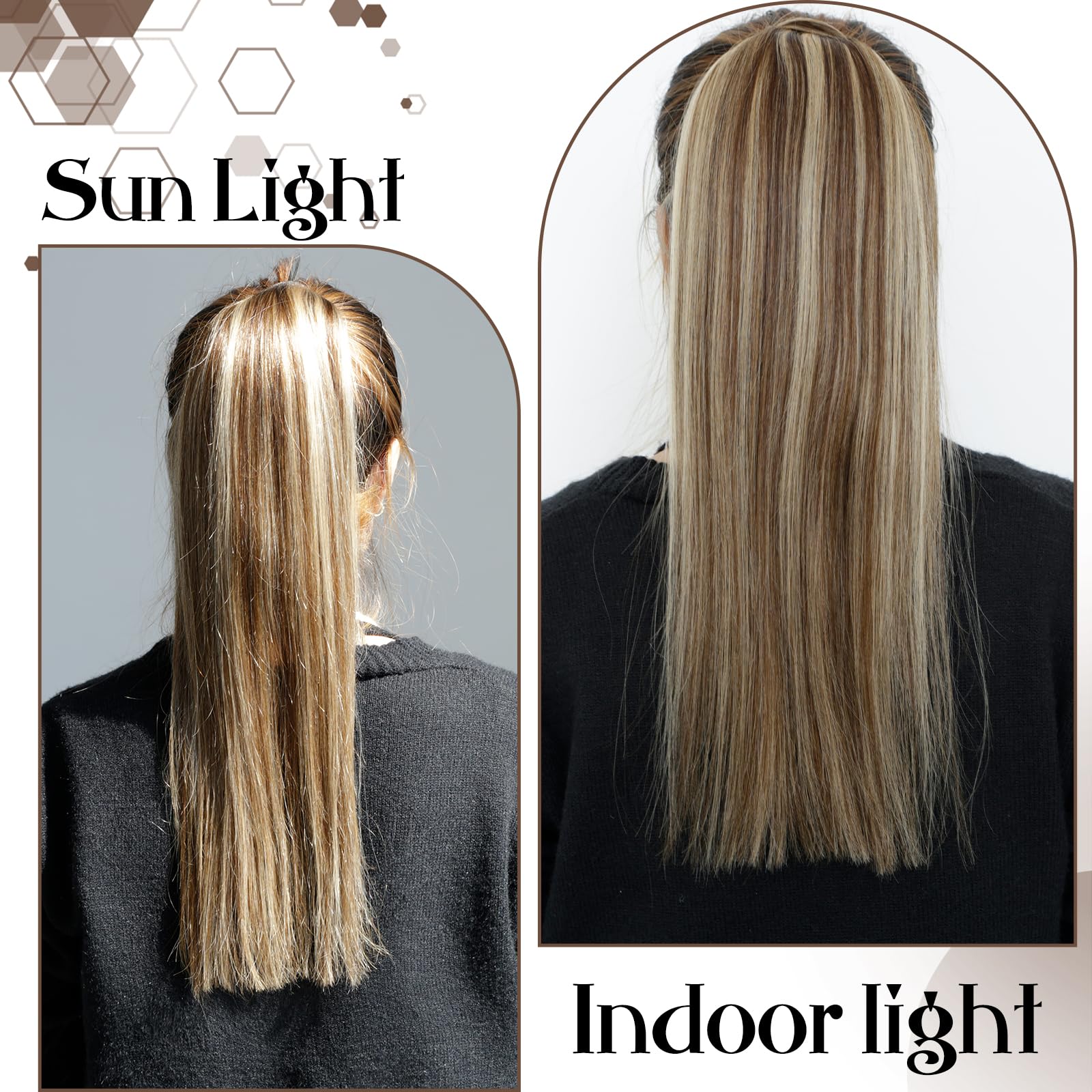 Hetto Ponytail Extension Echthaar Mittelbraun mit Karamellblond Highlights 30cm 70g - Sofortiger Langer Zopf, Einfache Klett & Kamm Befestigung, Ideal für Schnelles Umstyling, Sport, Arbeit #p4/27 - 5