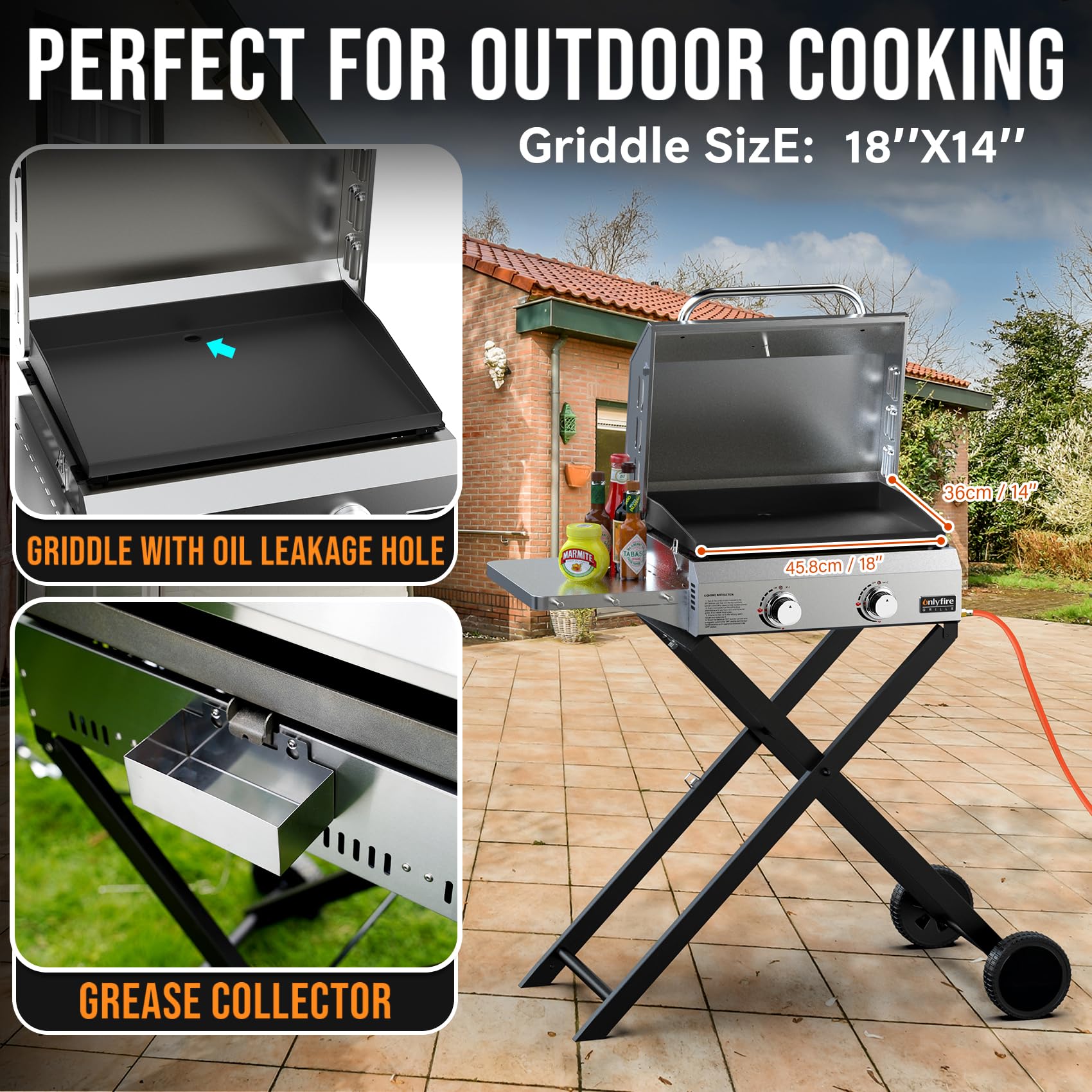 onlyfire Plancha à Gaz en Inox sur Chariot, 2 Brûleurs 4,7 kW | avec Couvercle et Thermomètre, Plaque 46 × 36 cm en Céramique Antiadhésive, Tablettes Latérales