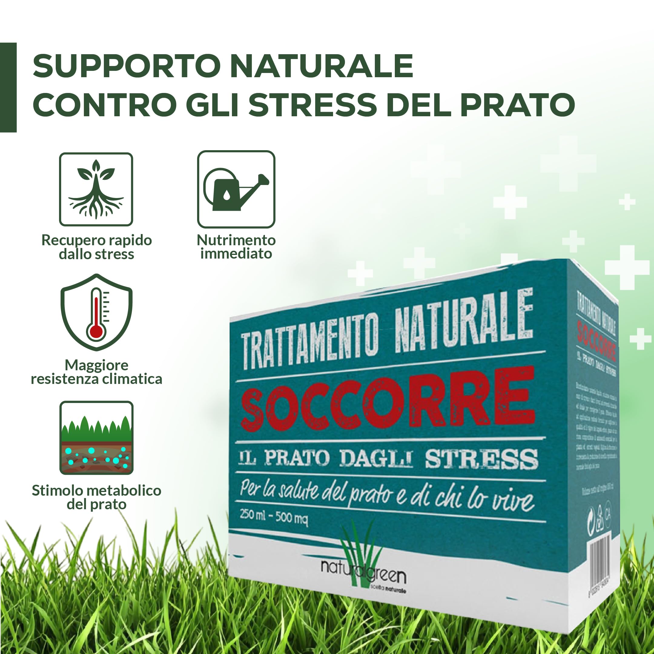 B4Green Soccorre (500m²) – Rinverdente Prato Estate, Biostimolante per Piante Naturale Liquido contro Ingiallimento e Stress da Caldo per Prato Verde e Resistente 250ml