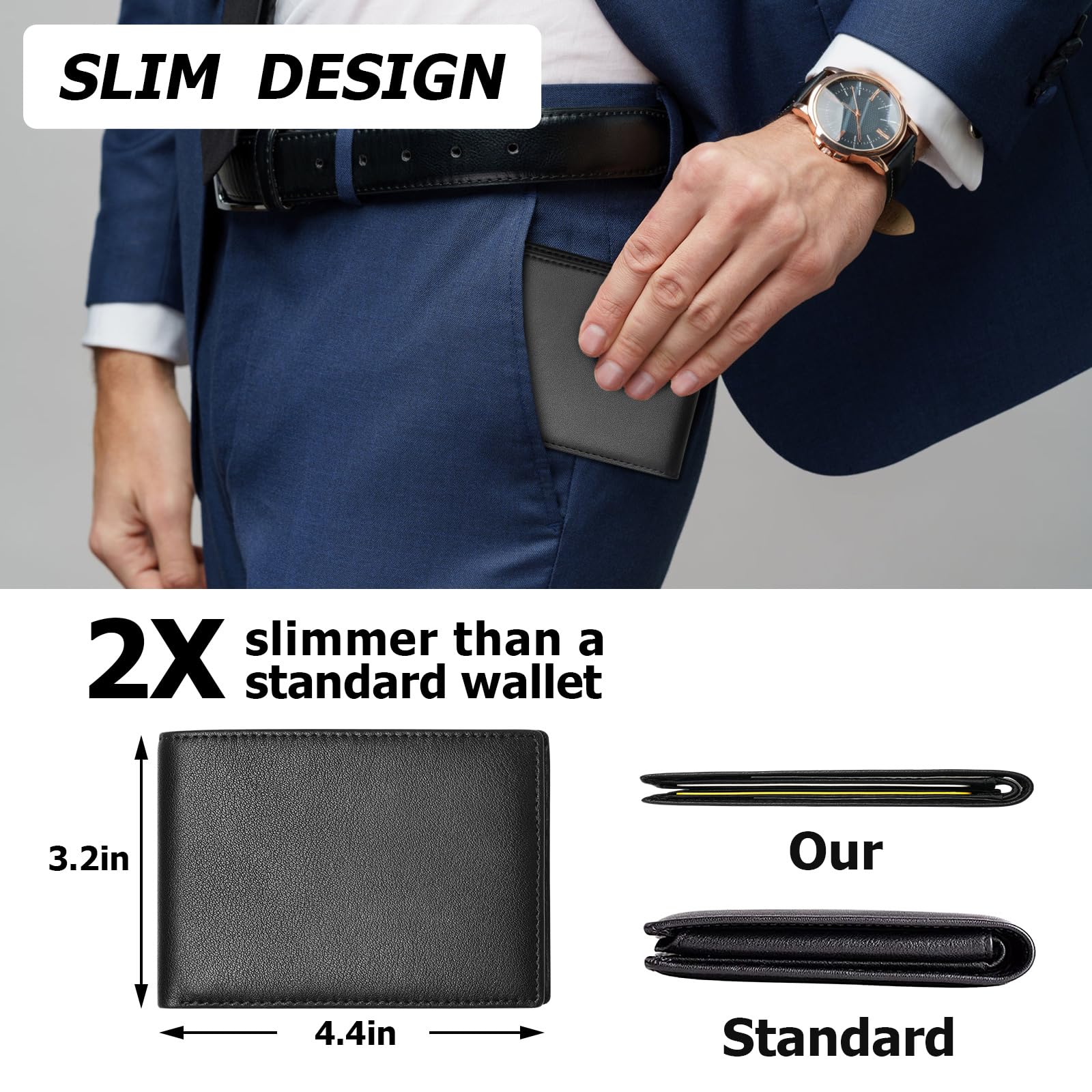 BSMUWOT Genuine Leather Slim Wallet for Men, Thin RFID Blocking Bifold Mens Wallet Front Pocket with ID Window, 7-9 Credit Card Slots (Black)