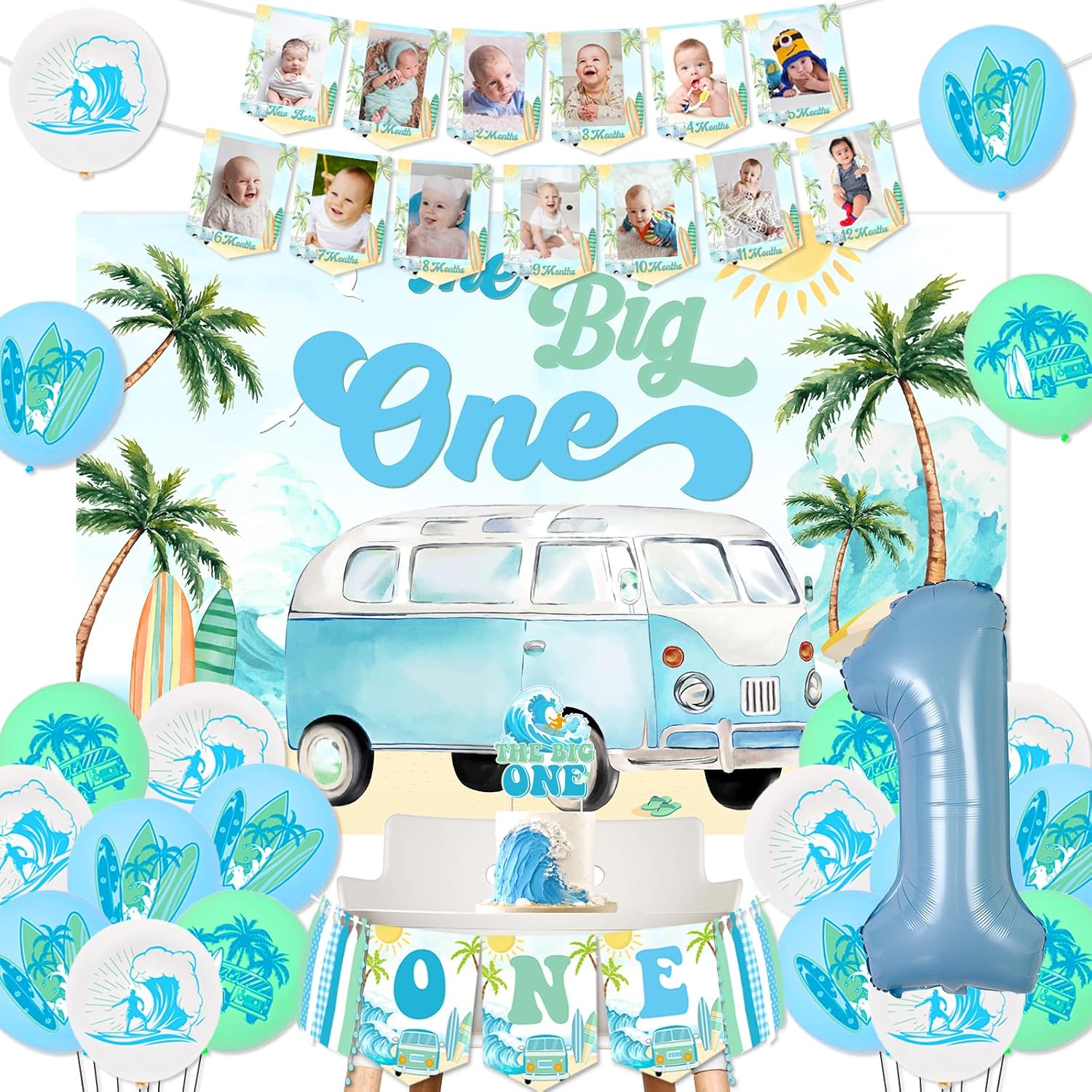 Surf 1st Birthday Decorations Blue and Green - The Big One Surf Birthday High Chair Banner, Backdrop, Cake Topper, Monthly Photo Banner for Boy Girl, Beach Hawaii Surfing First Bday Party