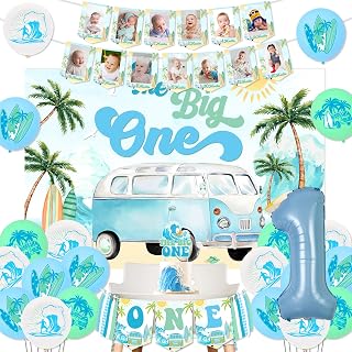 JOYMEMO Surf 1st Birthday Decorations Blue and Green - The Big One Surf Birthday High Chair Banner, Backdrop, Cake Topper, Monthly Photo Banner for Boy Girl, Beach Hawaii Surfing First Bday Party