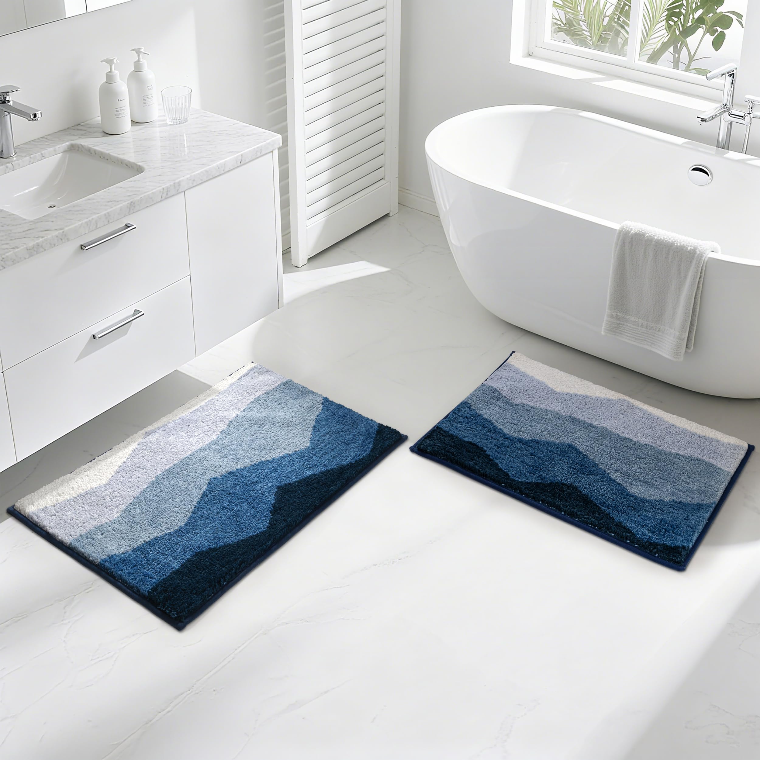 Set di tappetini da bagno blu antiscivolo, assorbenti e morbidi, lavabili in lavatrice (set da 2 a 50,8 x 76,2 cm)