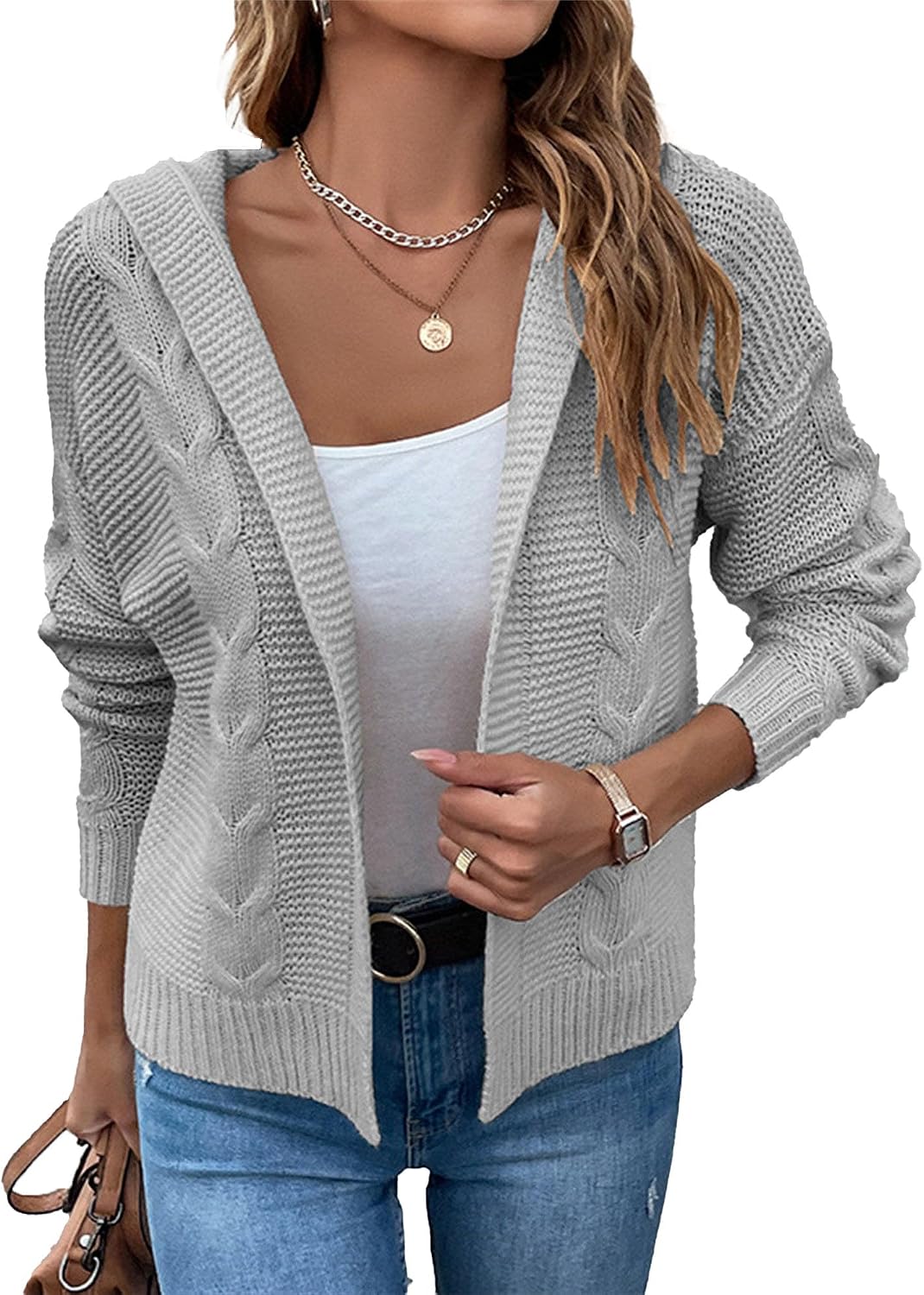 Womens Solid Color Hooded Cardigan Chunky Knit V Neck Shawl Lapel Collar Top Casual Long Sleeve Twist Sweater Coat