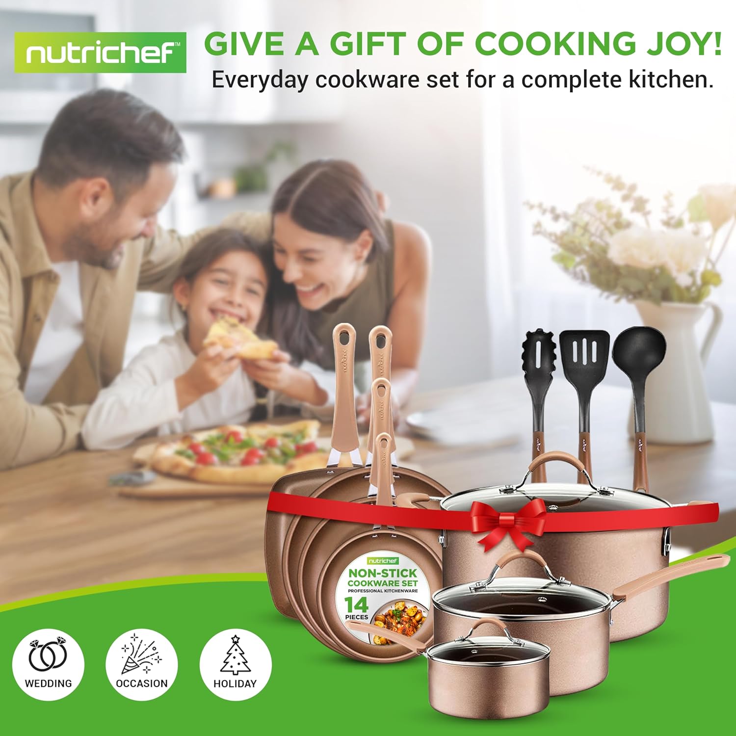 14-Piece Bronze Aluminum Non-Stick Cookware Set