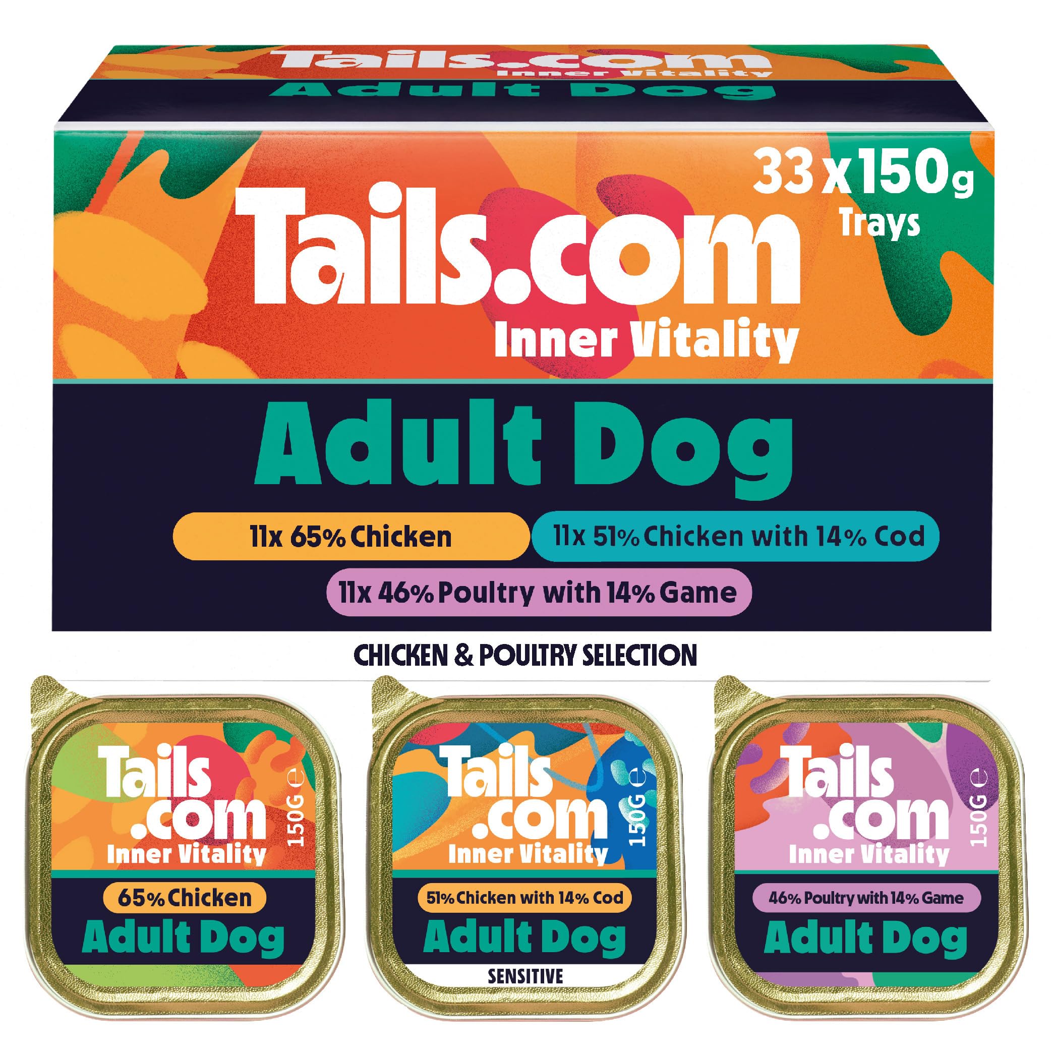 Tails.com • Wet Dog Food 33 x 150g • Poultry Selection Multipack Chicken, Chicken & Cod and Poultry & Game • Adult 1-7 years • Grain Free Recipes • Made with natural ingredients