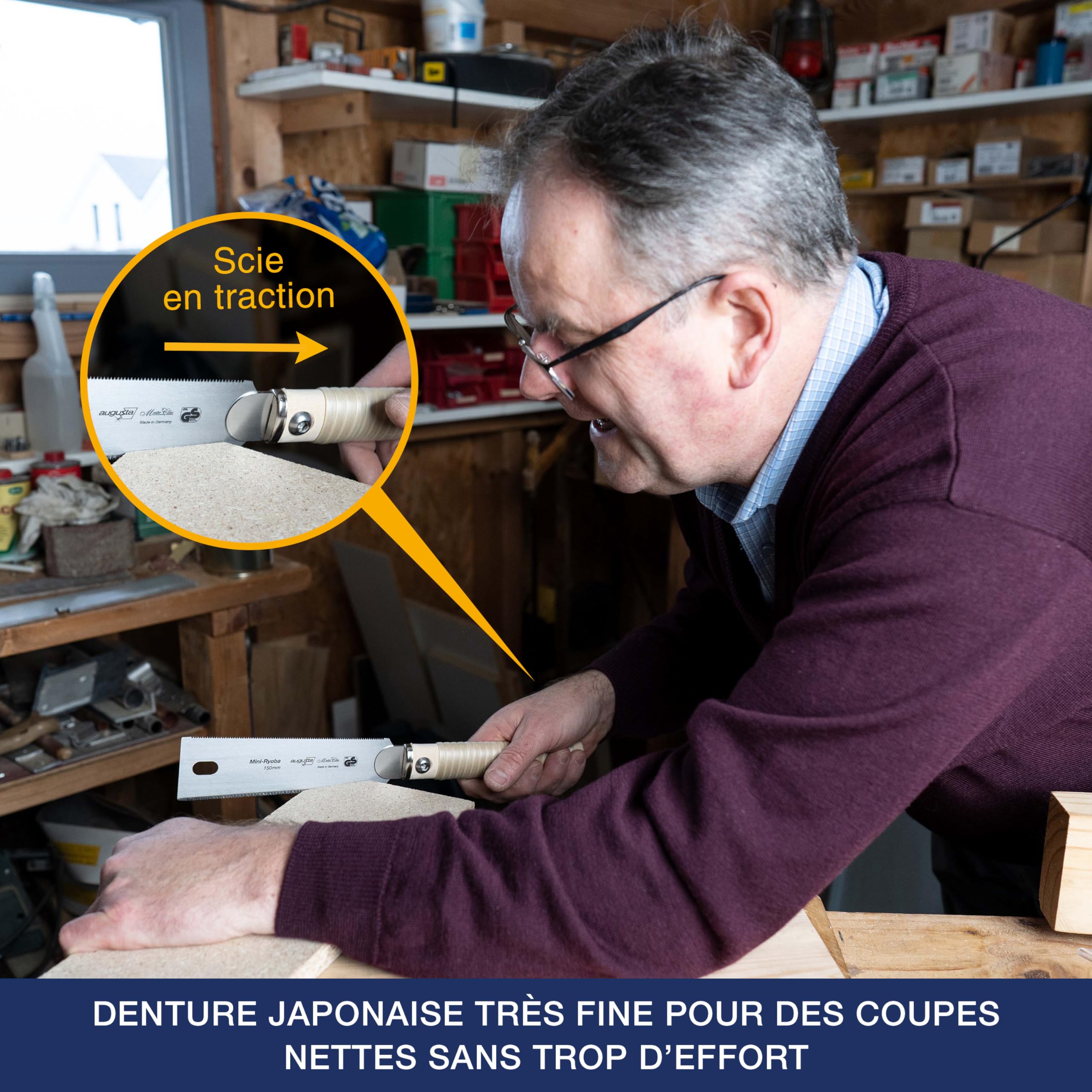 Augusta-Heckenrose scie japonaise Mini Ryoba 150 mm I Scie traditionnelle acier C75 découpes fines et grossières I Scie à bois dentée flexible et poignée en raphia de frêne