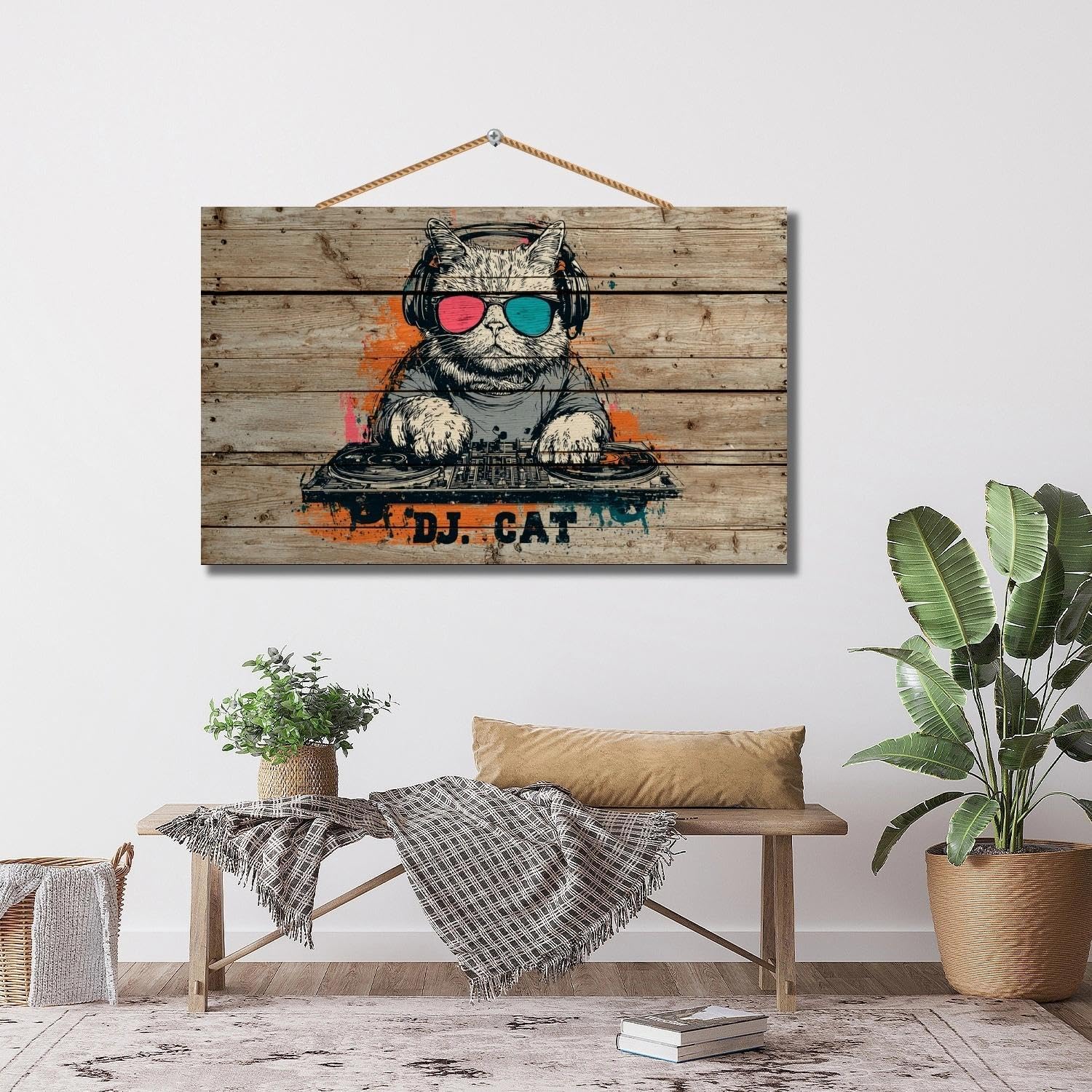 Personalized Custom DJ Cat Wooden Wall Art - Colorful Pop Art Animal Sign for Music Room, Teen Bedroom, Living Room Decor - Handcrafted UV Printed Solid Wood Plaque(Style C) image 2