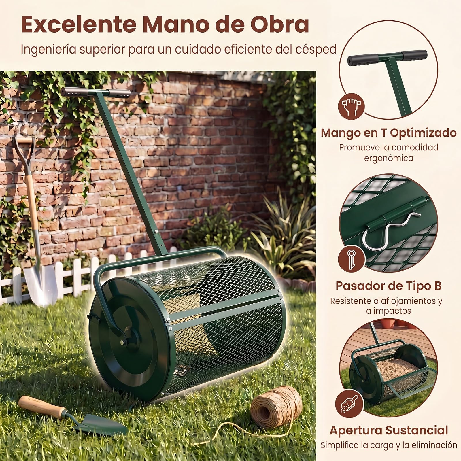 GYMAX Esparcidor de Semillas de Césped, Esparcidor de Abono con Mango de 2 Alturas Ajustables, Estructura de Metal Resistente, Bloqueos Laterales, Dispensador de Compost para Jardín (Verde)