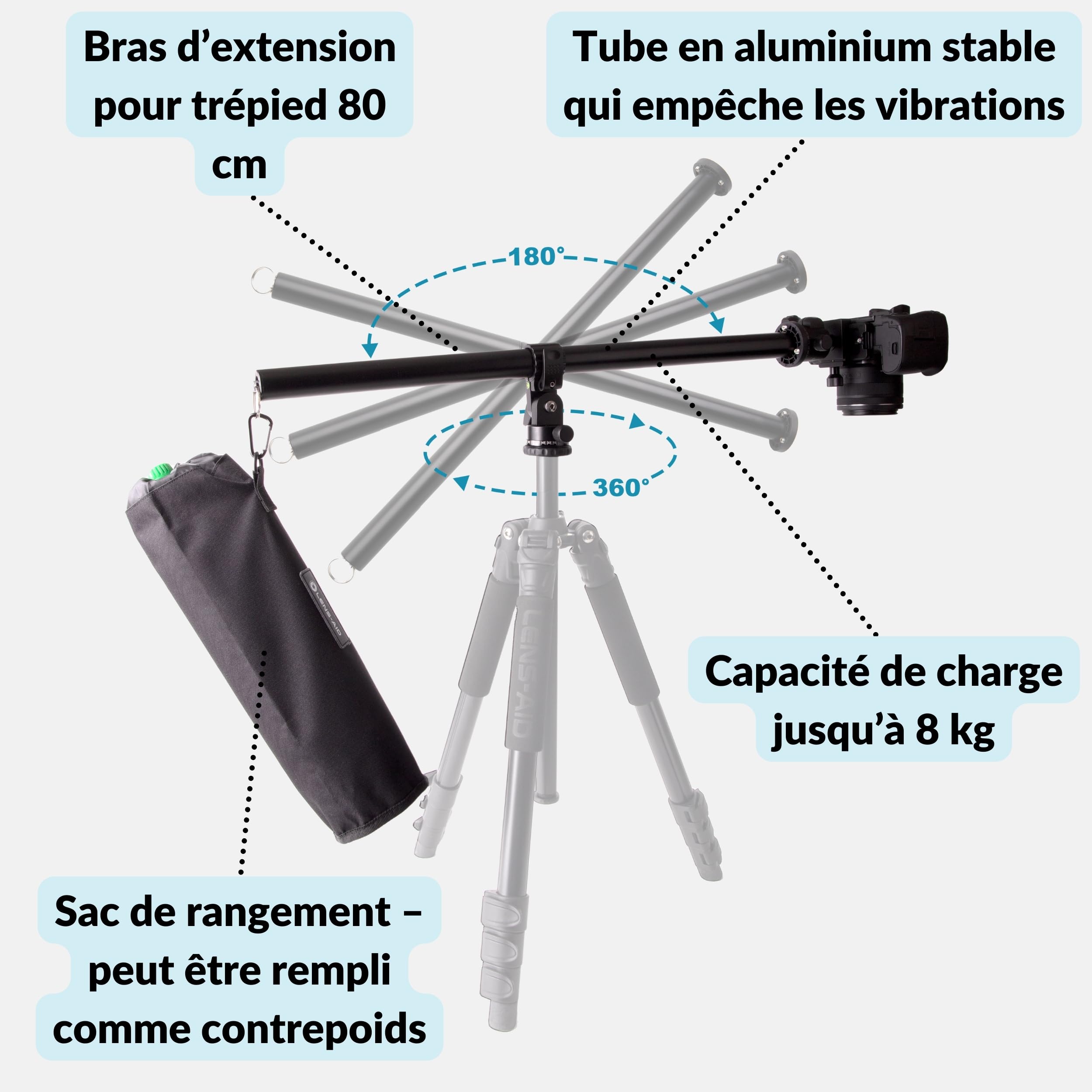 Lens-Aid Bras d'extension pour trépied d'appareil photo : barre transversale réglable pour photos en studio et macrophotographie