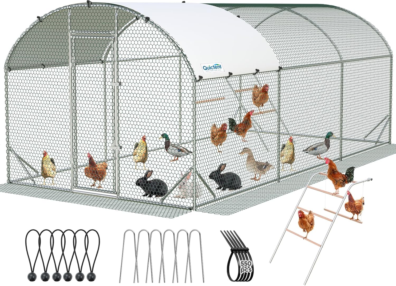 Quictent Essential Series 18x9x6.6ft Metal Chicken Coop Run with Climbing Ladder, Walk-in Outdoor Poultry Cage with PVC Coated Chicken Wire, Hen Duck Rabbit Farm House, Waterproof Anti-UV Cover