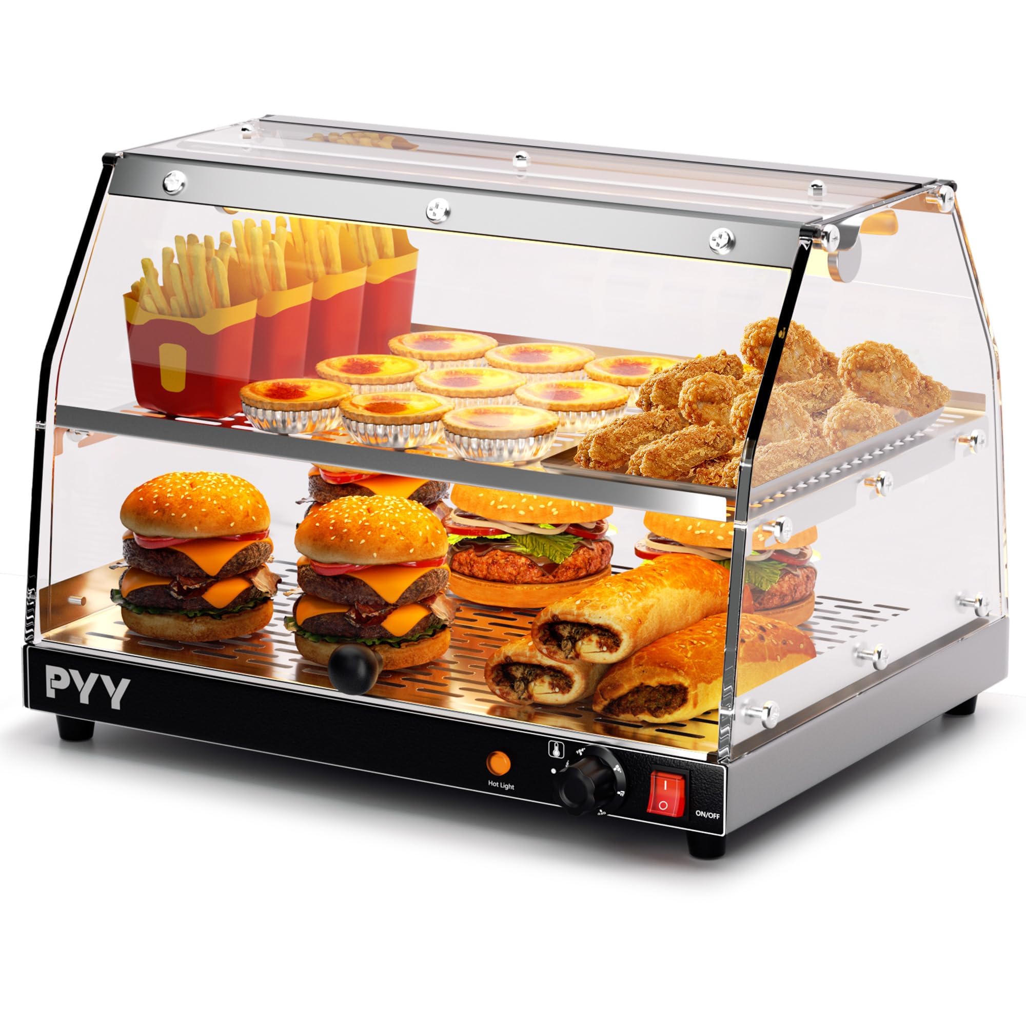 PYY Food Warmer Commercial Countertop Pizza Warmer Countertop 2-Tier with LED Lighting Food Display Warmer Pastry Disaplay Case Sliver