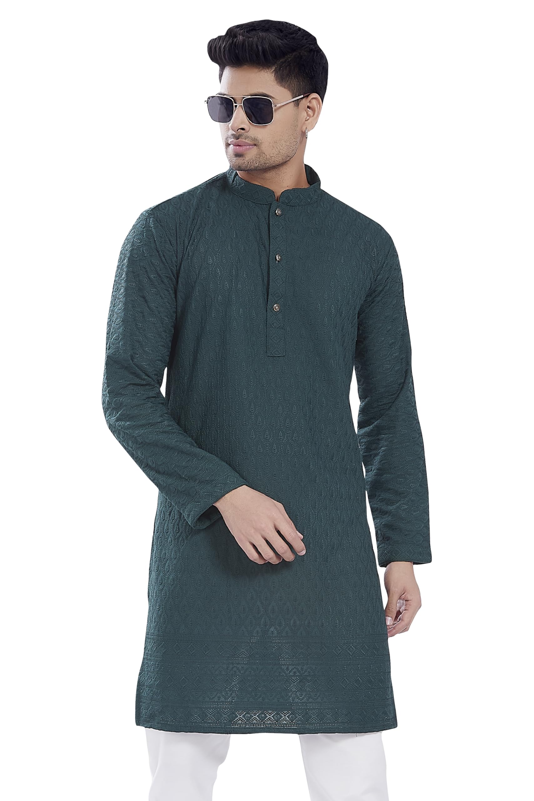 Divisive Men's Thread Embroidered Cotton Blend Only Slim Fit Kurta (Dkrt726_L_Bottle Green)