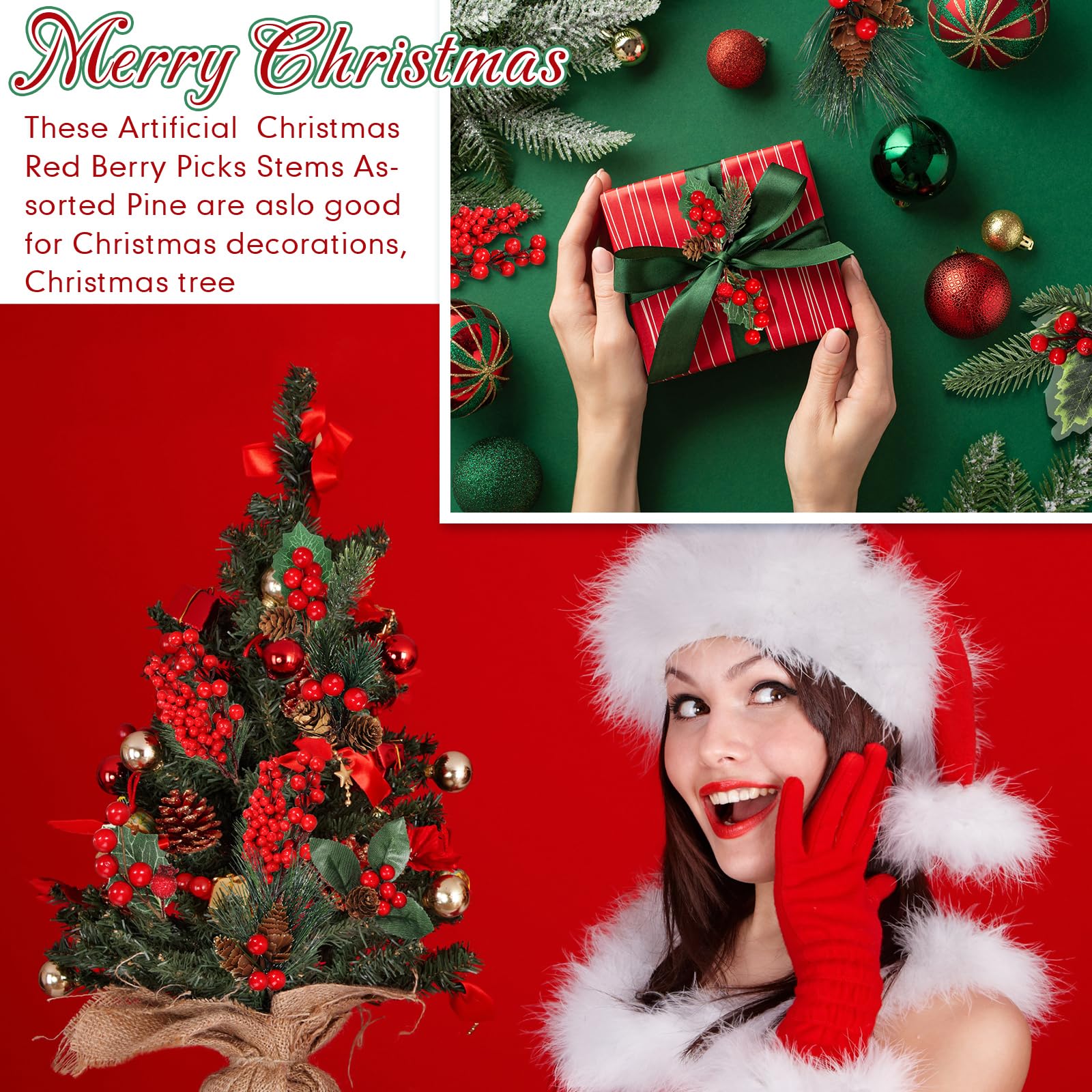 Lot de 40 pics de sapin de Noël artificiels avec branches de pin assorties avec tiges de sapin de Noël, fausses feuilles de houx pour couronne, guirlande, artisanat, décorations