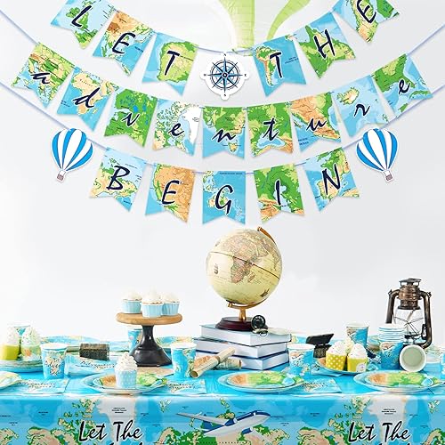 Miniatura 7 de Adventure World Awaits - Juego de suministros de fiesta para 24 personas kit de vajilla temática de viaje de exploración  platos de fiesta