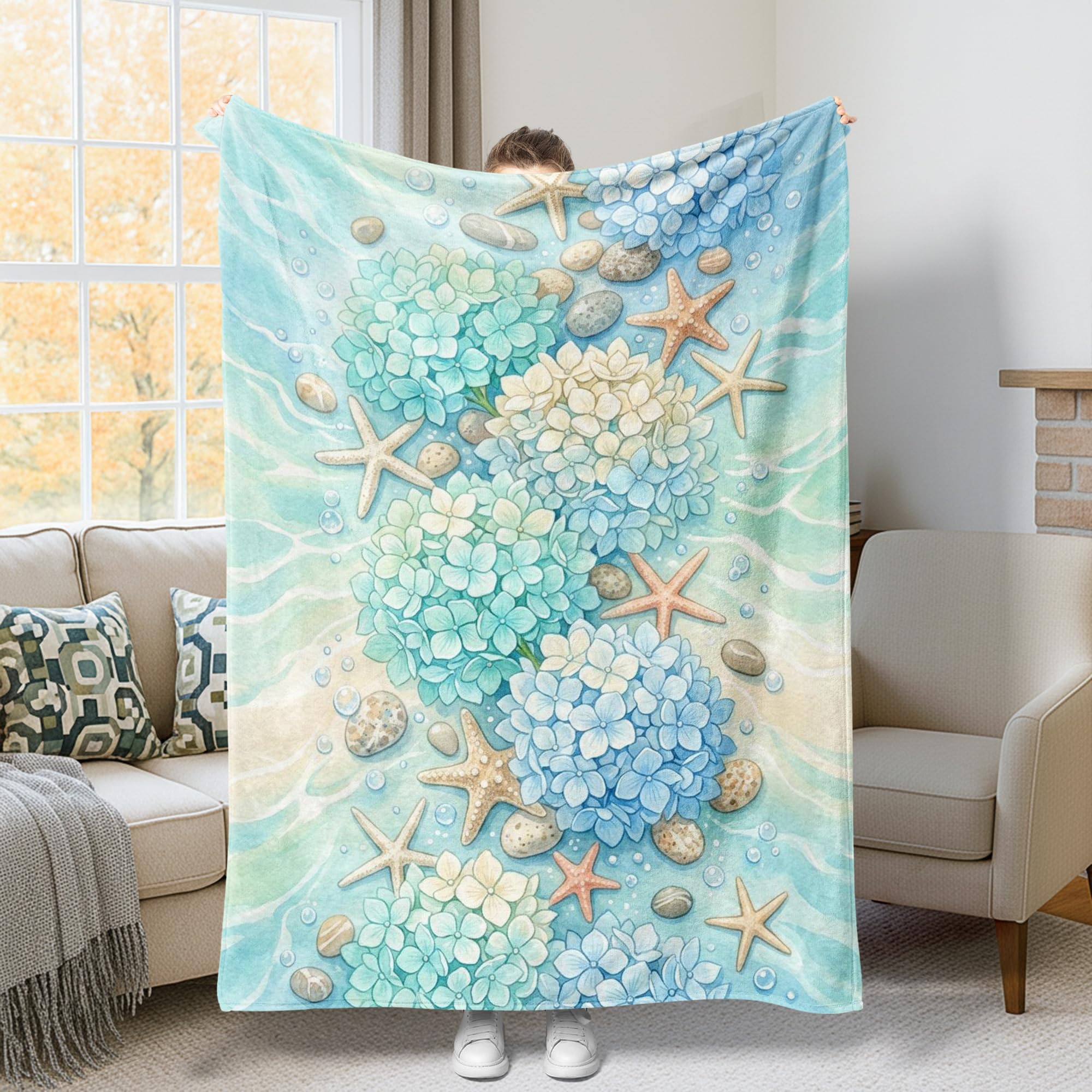 Couverture pelucheuse compacte motif galets et hortensia déco pour bureau
