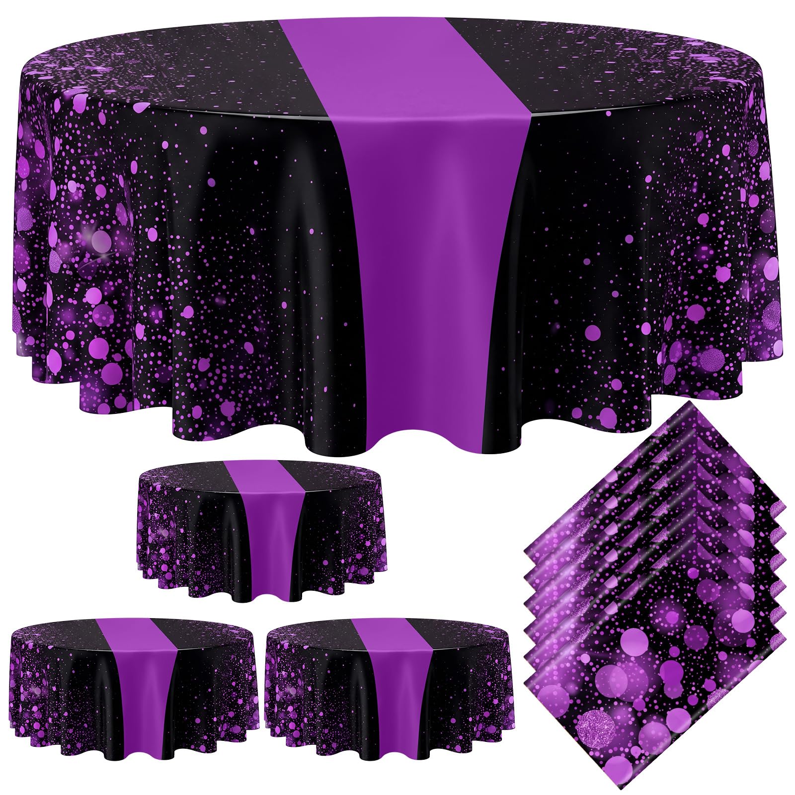 Remagr 6 Pcs Black and Purple 84Inch Round Plastic Tablecloth Disposable