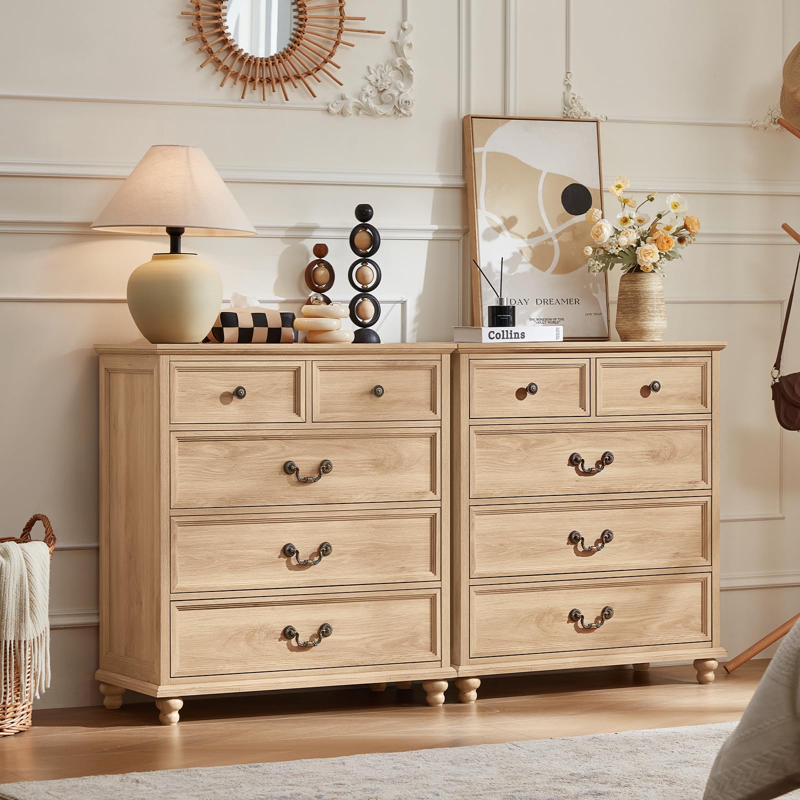 Joaxswe Farmhouse 5 Drawer Dresser Set of 2 for Bedroom, 35" Tall Rustic Chests of Drawers w/ 4 Solid Wood Feet, Mid Century Vintage Wooden Closet Storage Dressers Organizer for Living Room,Natural
