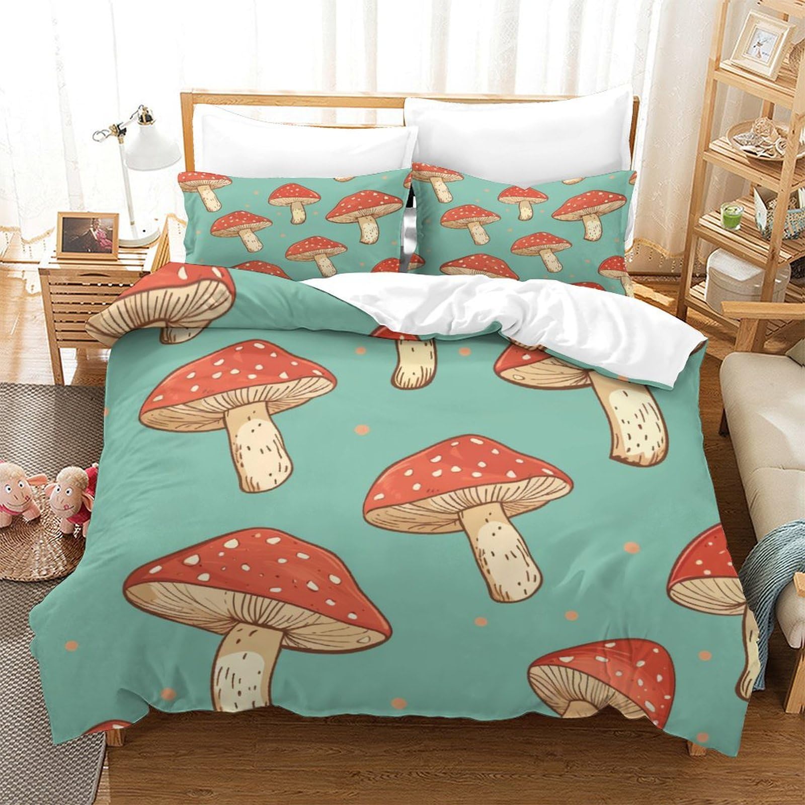 P1S9U7W5Y Whimsical Mushroom 3D Printed Duvet Cover Set 3pcs Microfiber Mushroom Bedding Set Double
