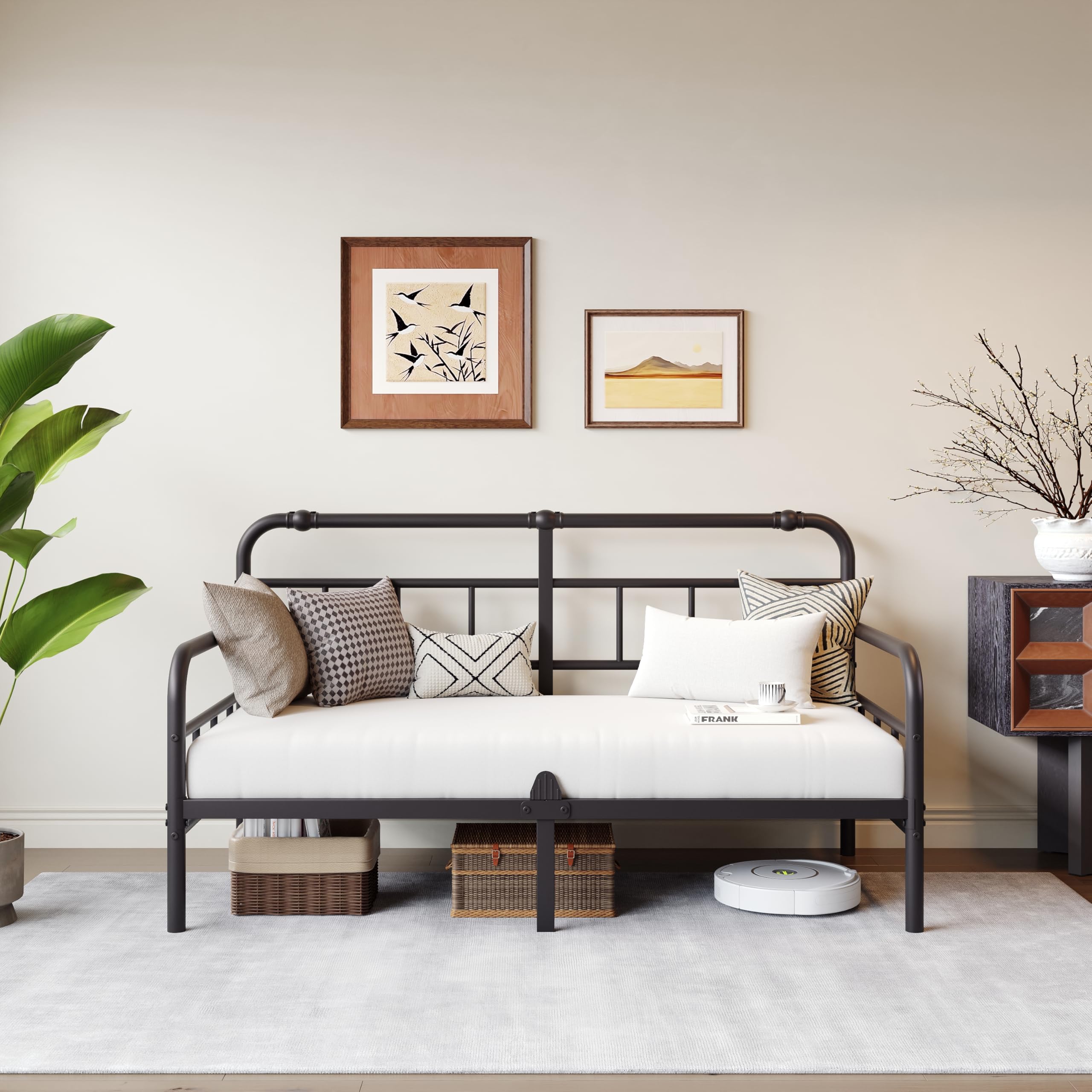 FDLOGW Twin Daybed Frame, Classic Day Bed Frame Twin Size with Headboard, Metal Platform Sofa Bed for Bedroom Living Room, Heavy Duty, Easy Assembly