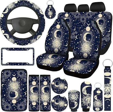 Estune 19 Pcs Car Seat Covers, Full Set Car Accessories Steering Wheel Front Rear Seat Headrest Armrest Belt Cover Keychains Wrist Strap Cup Holder for SUV (Moon Stars Sun)